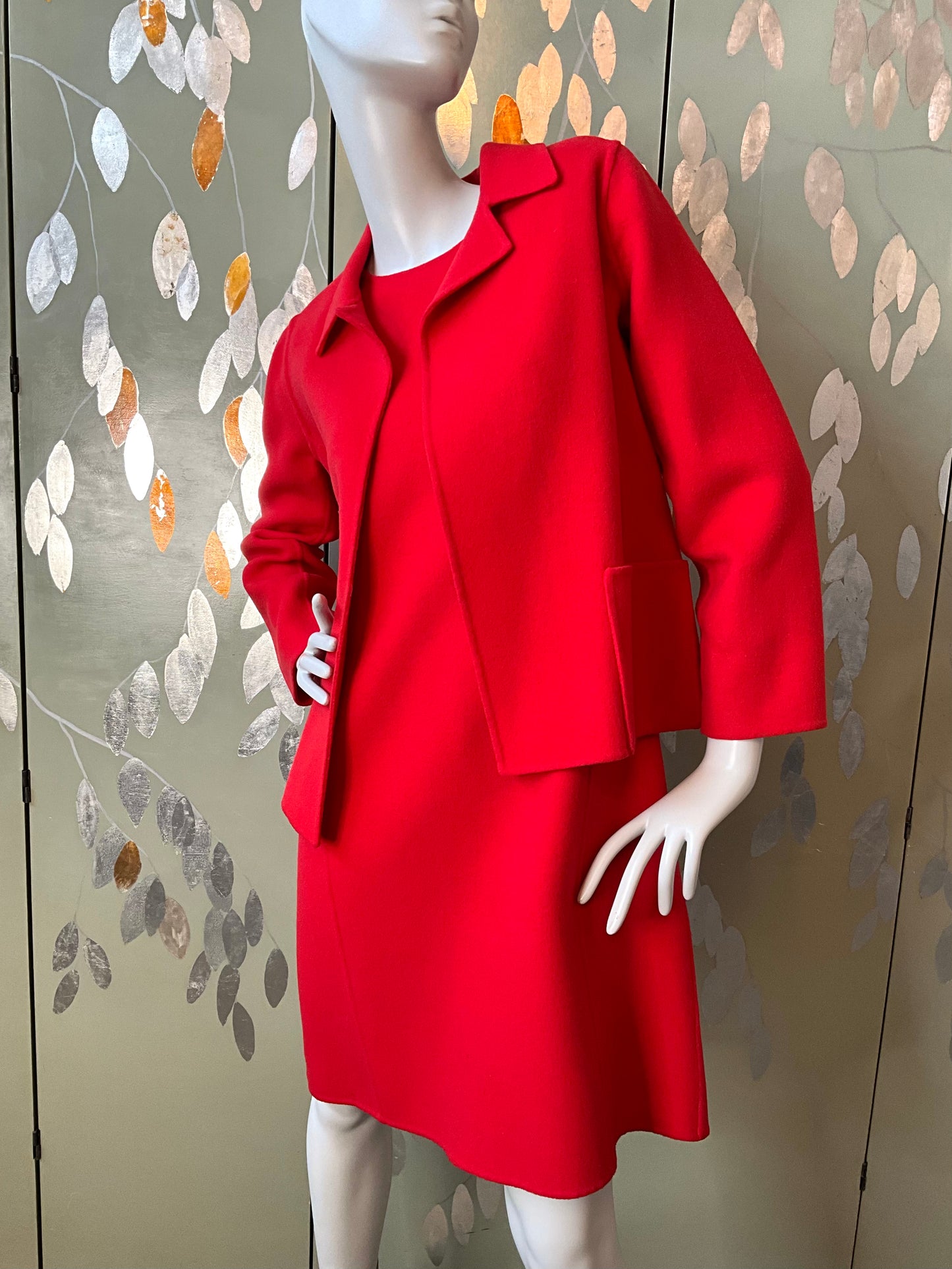 Vintage 1990s Linda Allard Ellen Tracy Red Wool Shift Dress and Jacket, Medium 