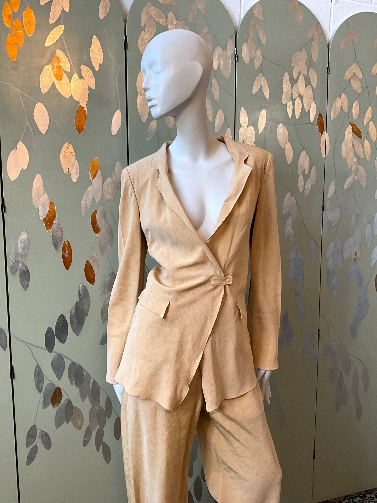 Vintage 1990s Giorgio Armani Tan Linen-Silk Pant Set, Large 