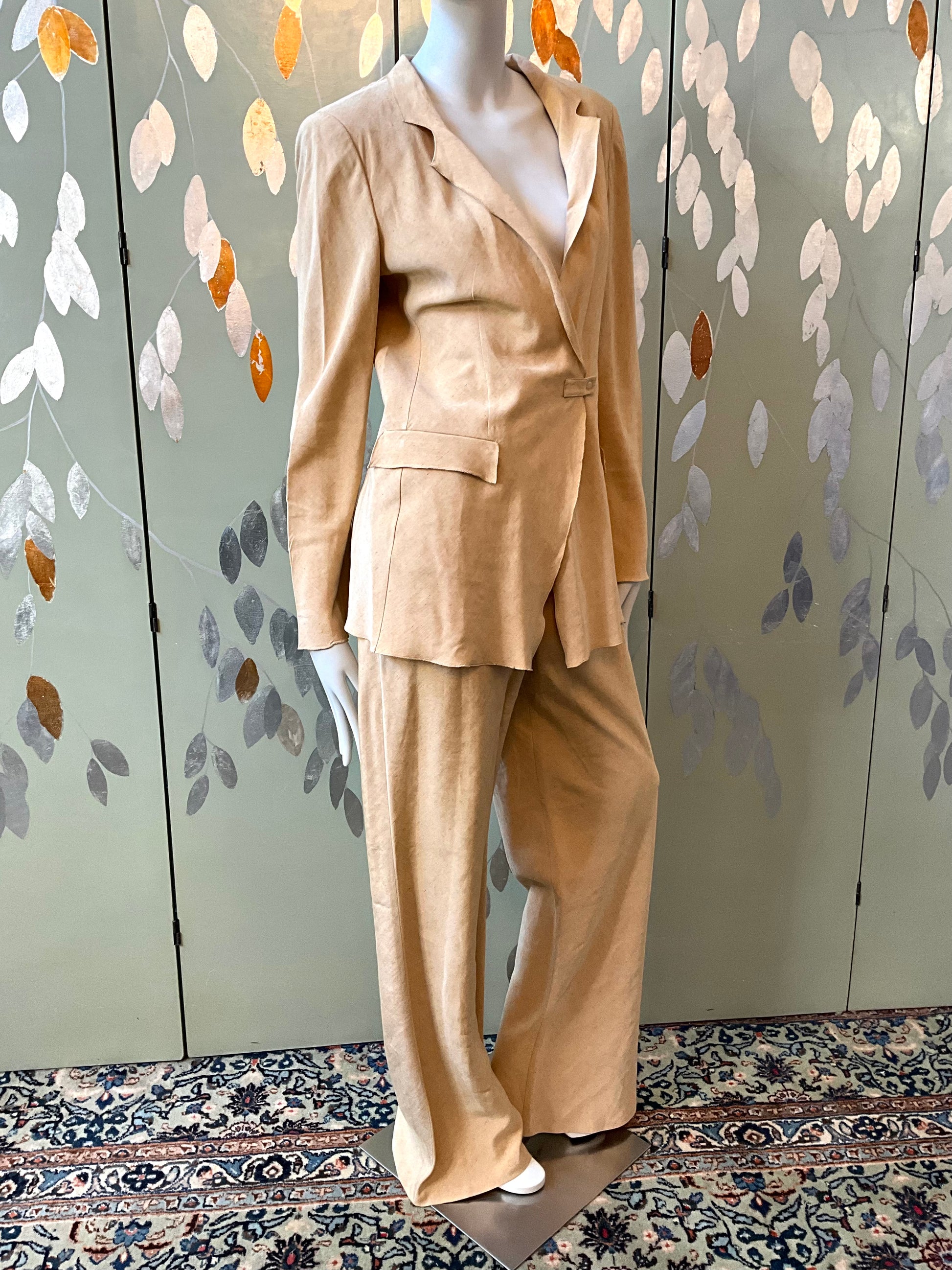 Vintage 1990s Giorgio Armani Tan Linen-Silk Pant Set, Large 