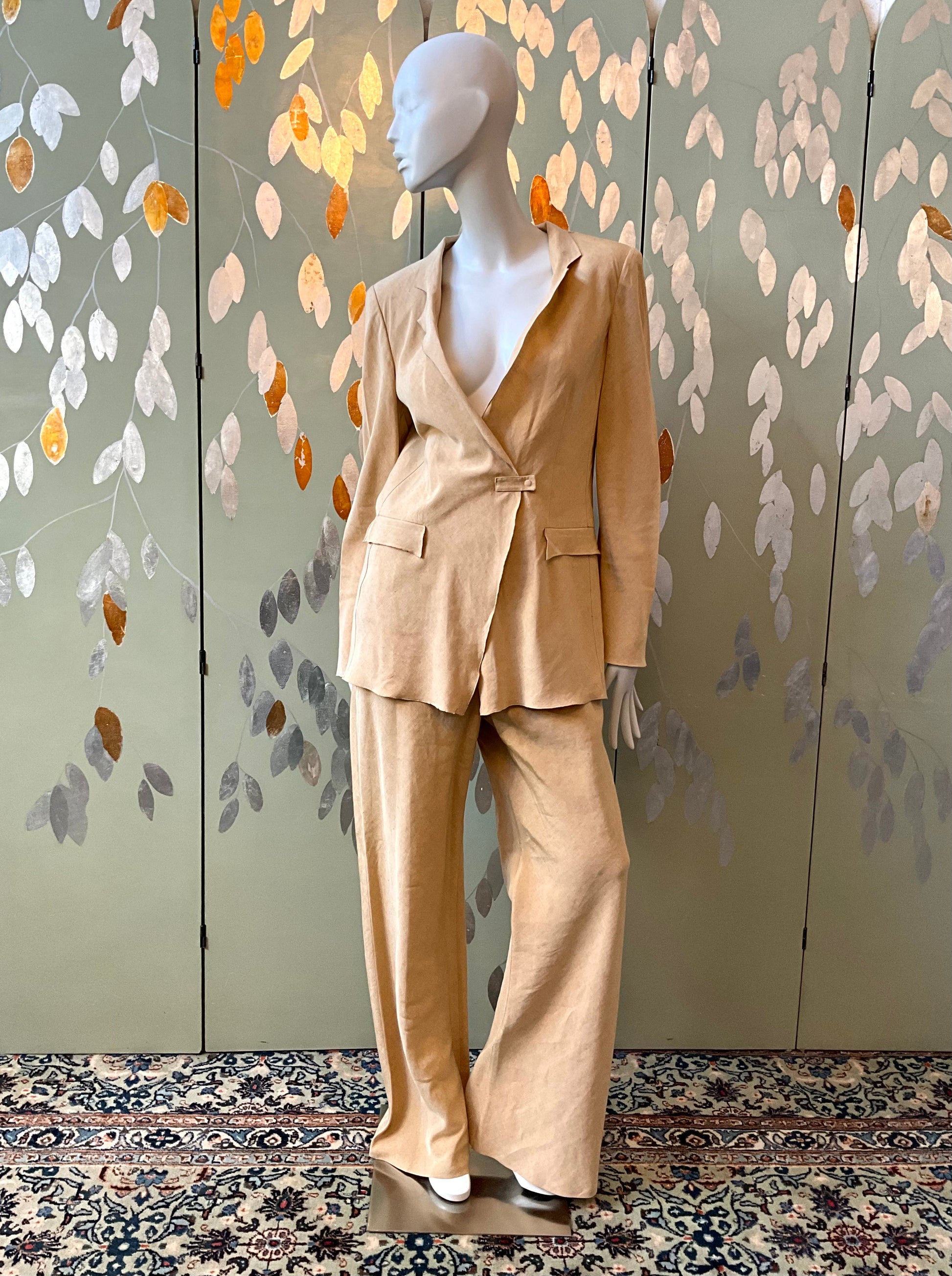 Vintage 1990s Giorgio Armani Tan Linen-Silk Pant Set, Large 