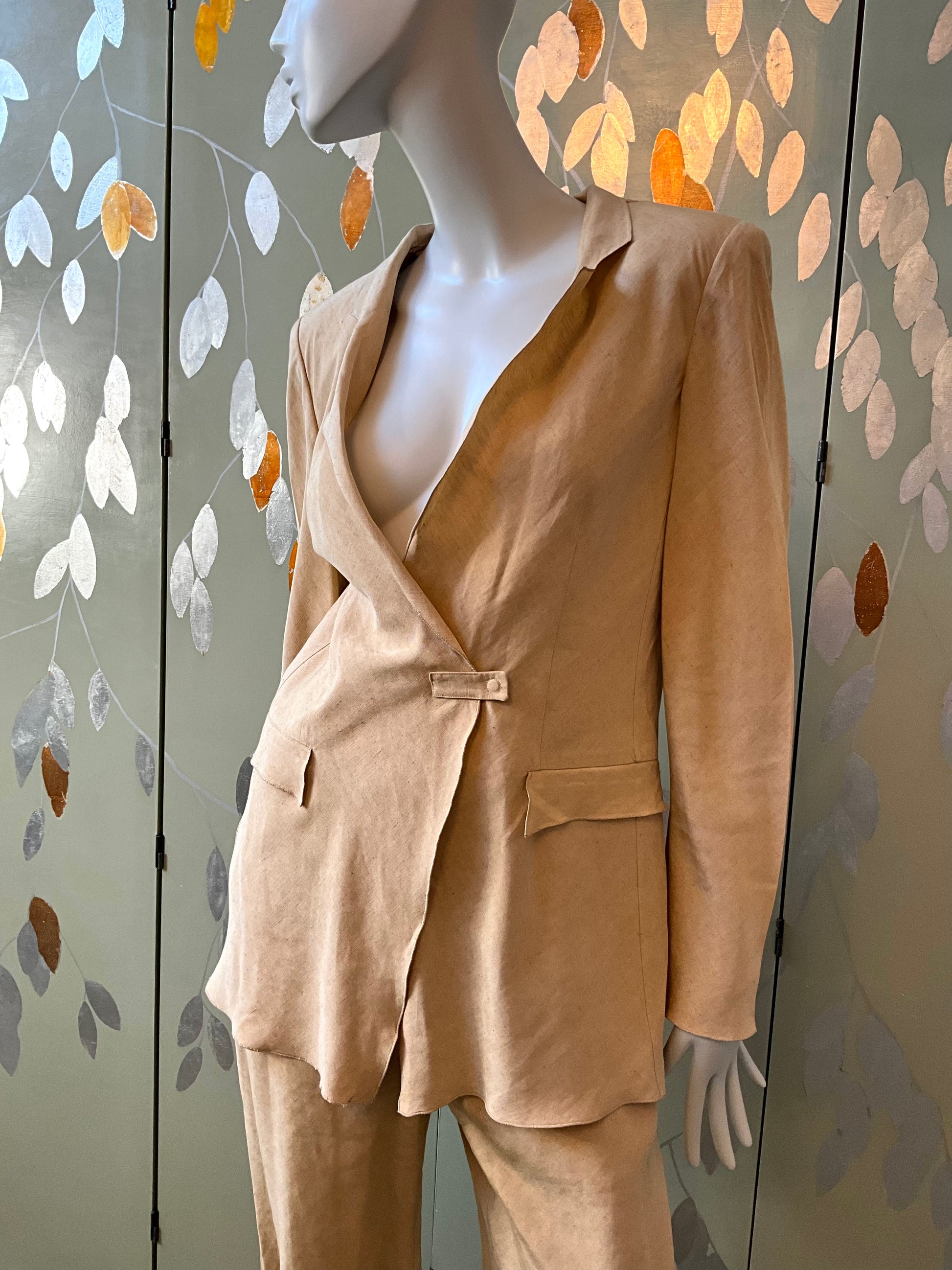 Vintage 1990s Giorgio Armani Tan Linen-Silk Pant Set, Large 