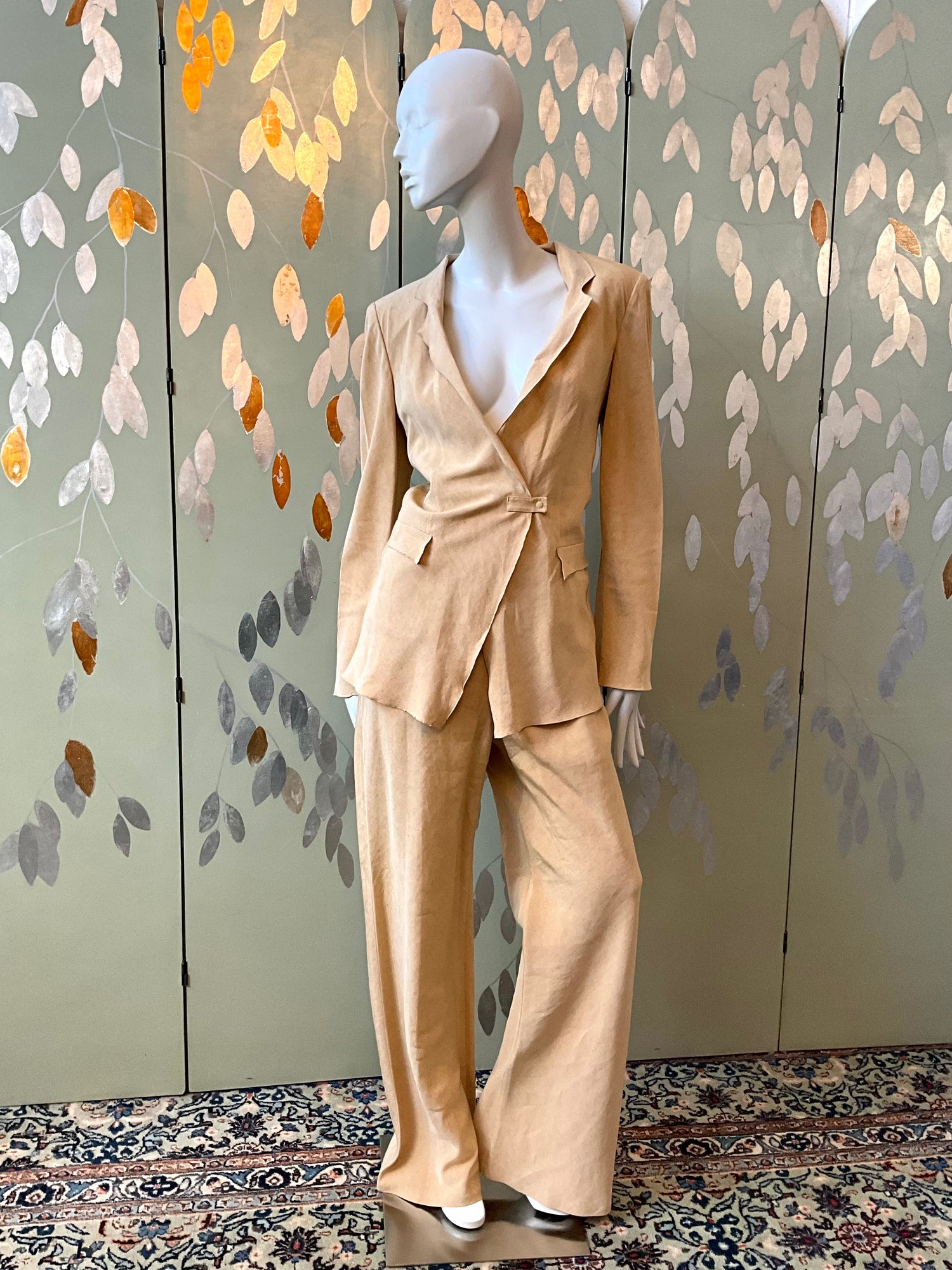 Vintage 1990s Giorgio Armani Tan Linen-Silk Pant Set, Large 