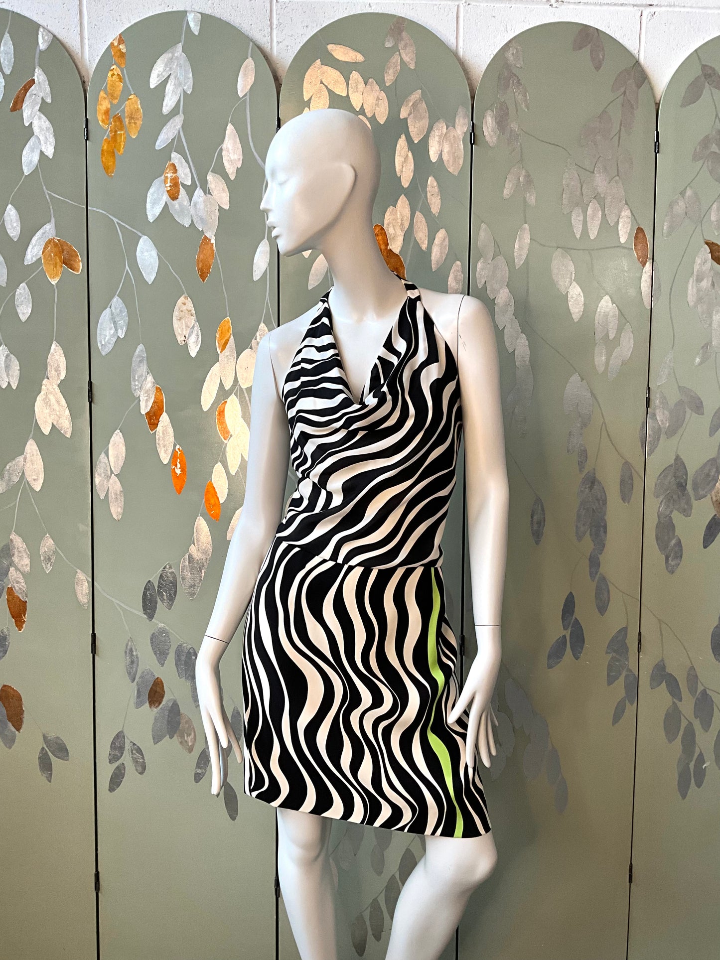 Vintage 1990s Louis Féraud Black and White Wave Print Skirt and Halter Top Set, XL