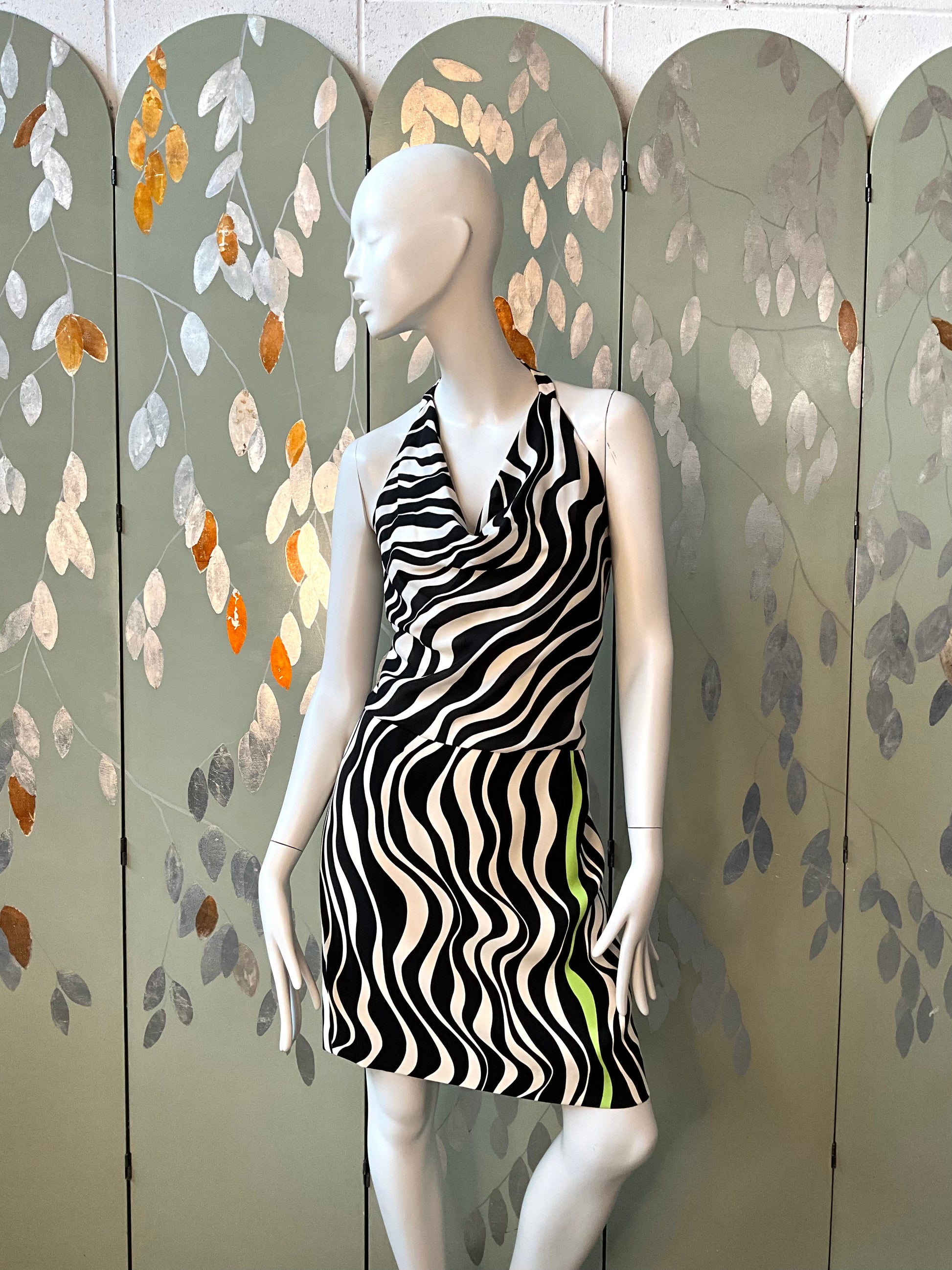 Vintage 1990s Louis Féraud Black and White Wave Print Skirt and Halter Top Set, XL