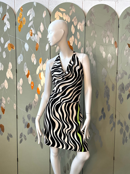 Vintage 1990s Louis Féraud Black and White Wave Print Skirt and Halter Top Set, XL