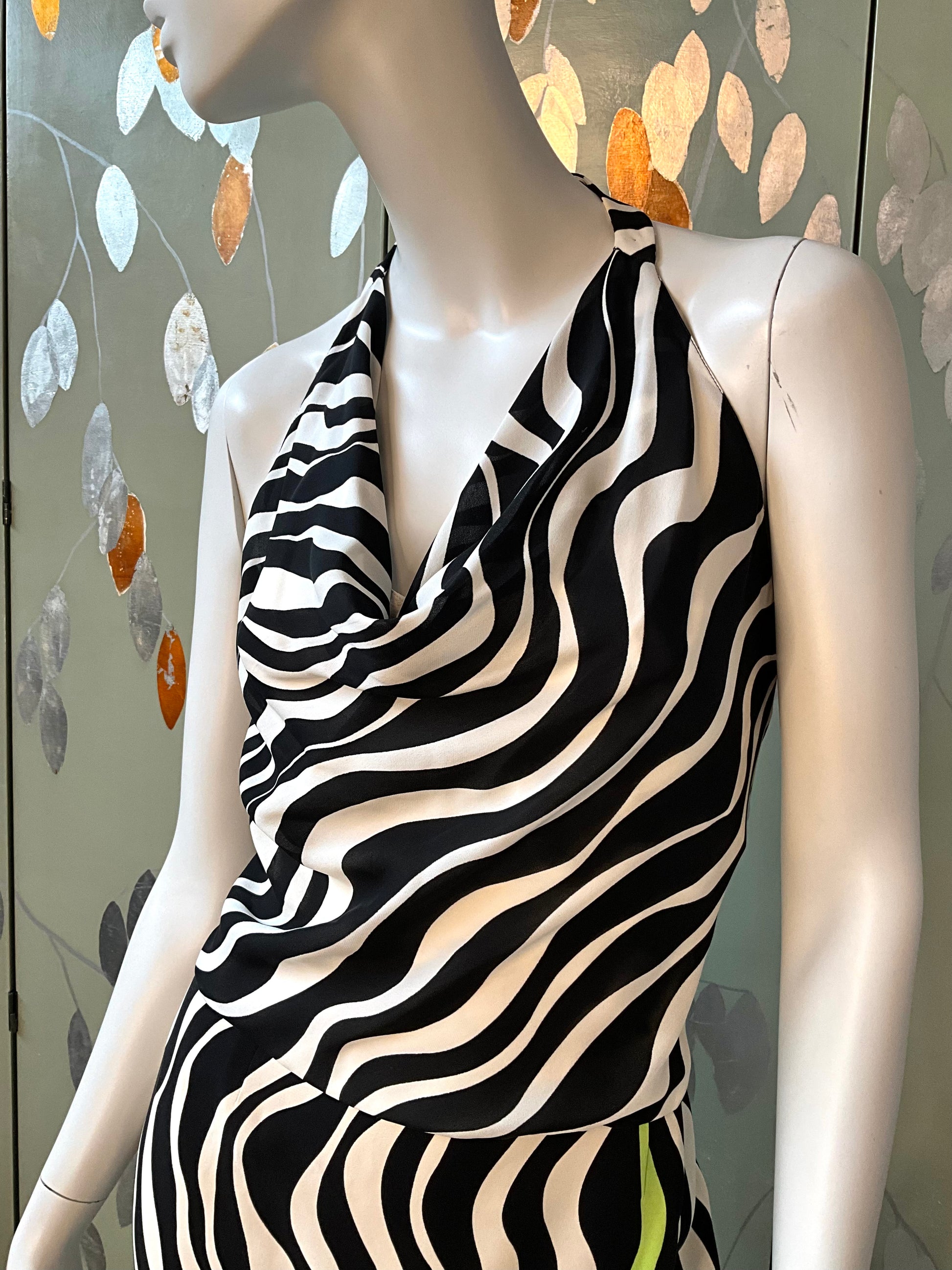 Vintage 1990s Louis Féraud Black and White Wave Print Skirt and Halter Top Set, XL