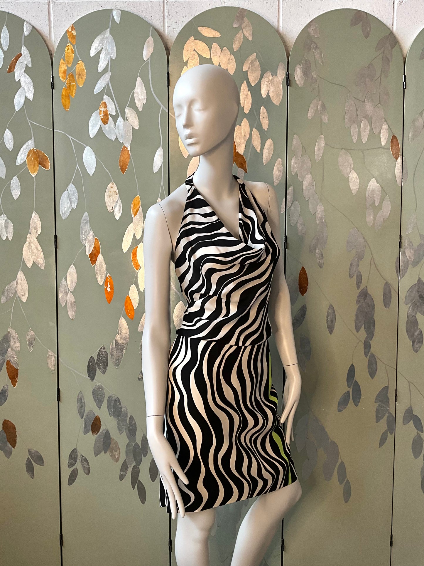 Vintage 1990s Louis Féraud Black and White Wave Print Skirt and Halter Top Set, XL
