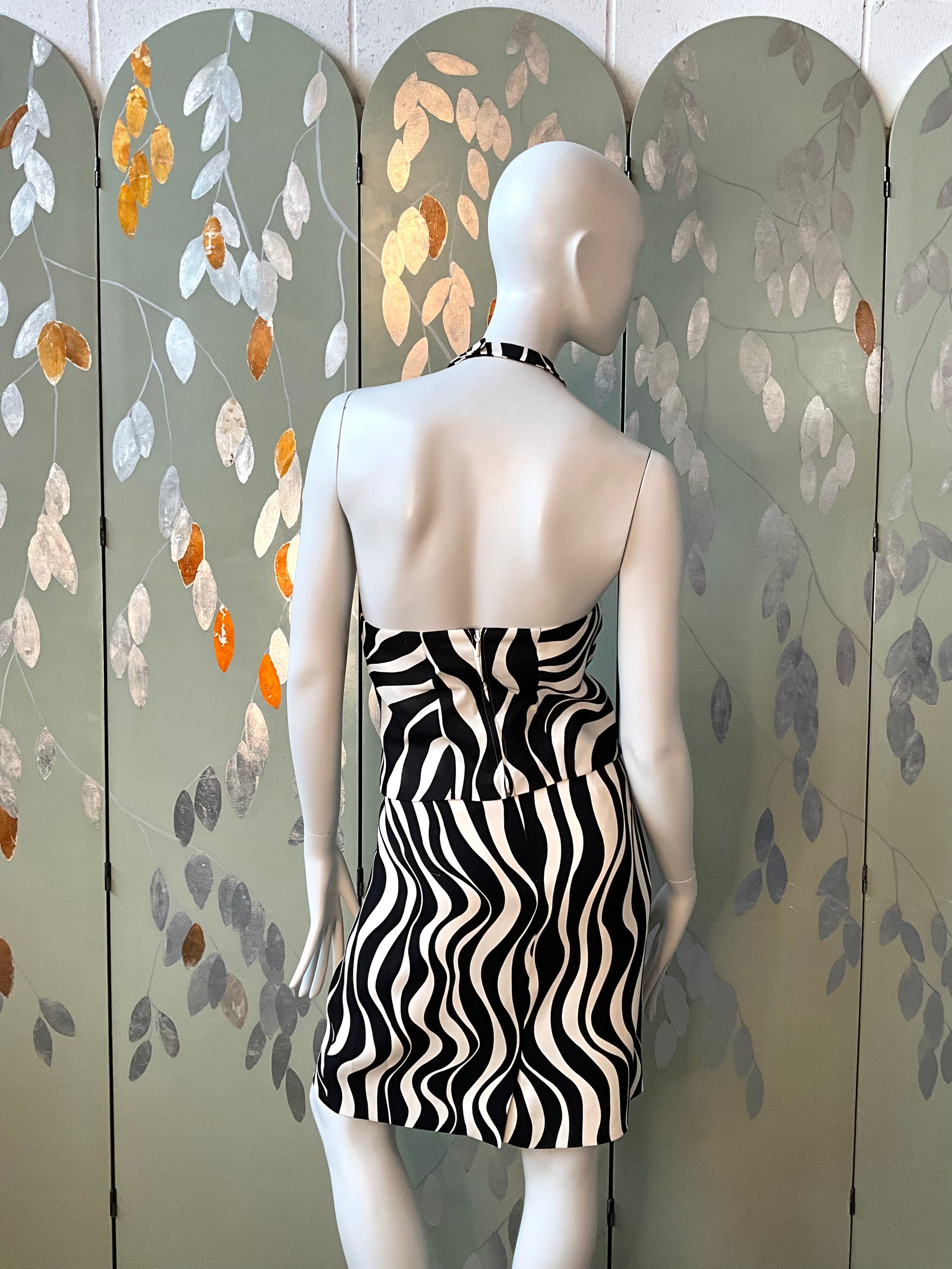 Vintage 1990s Louis Féraud Black and White Wave Print Skirt and Halter Top Set, XL