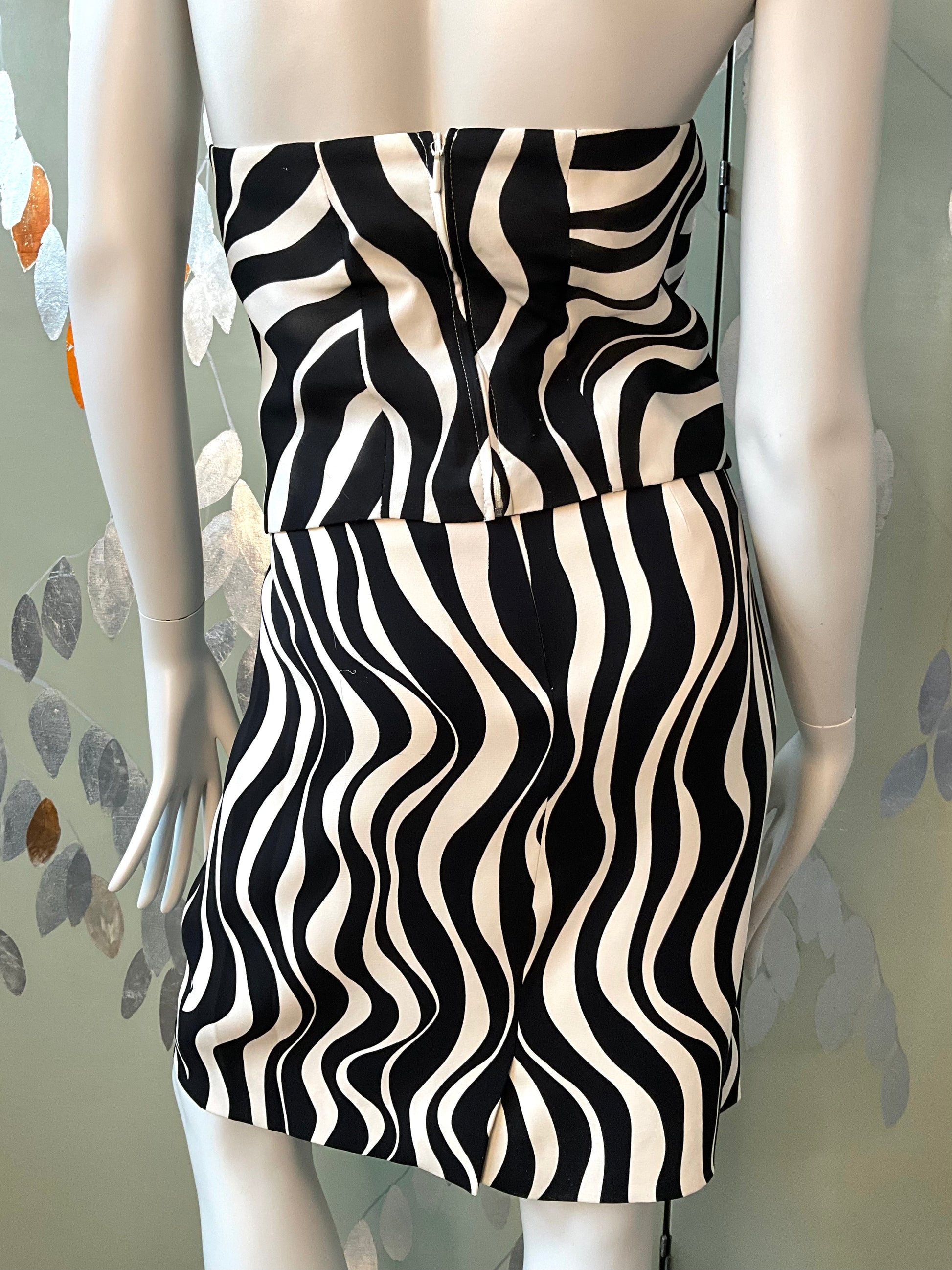 Vintage 1990s Louis Féraud Black and White Wave Print Skirt and Halter Top Set, XL