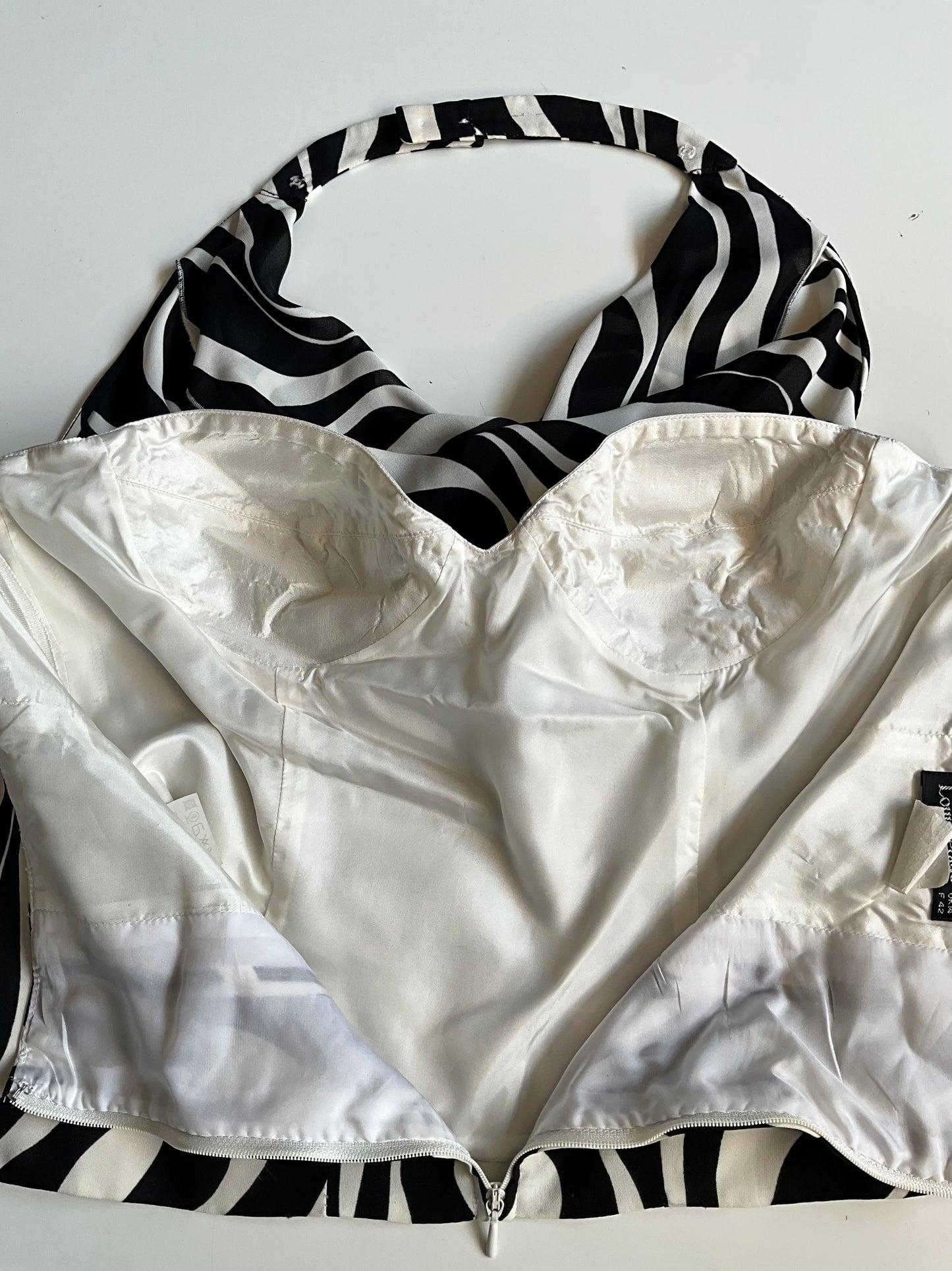 Vintage 1990s Louis Féraud Black and White Wave Print Skirt and Halter Top Set, XL