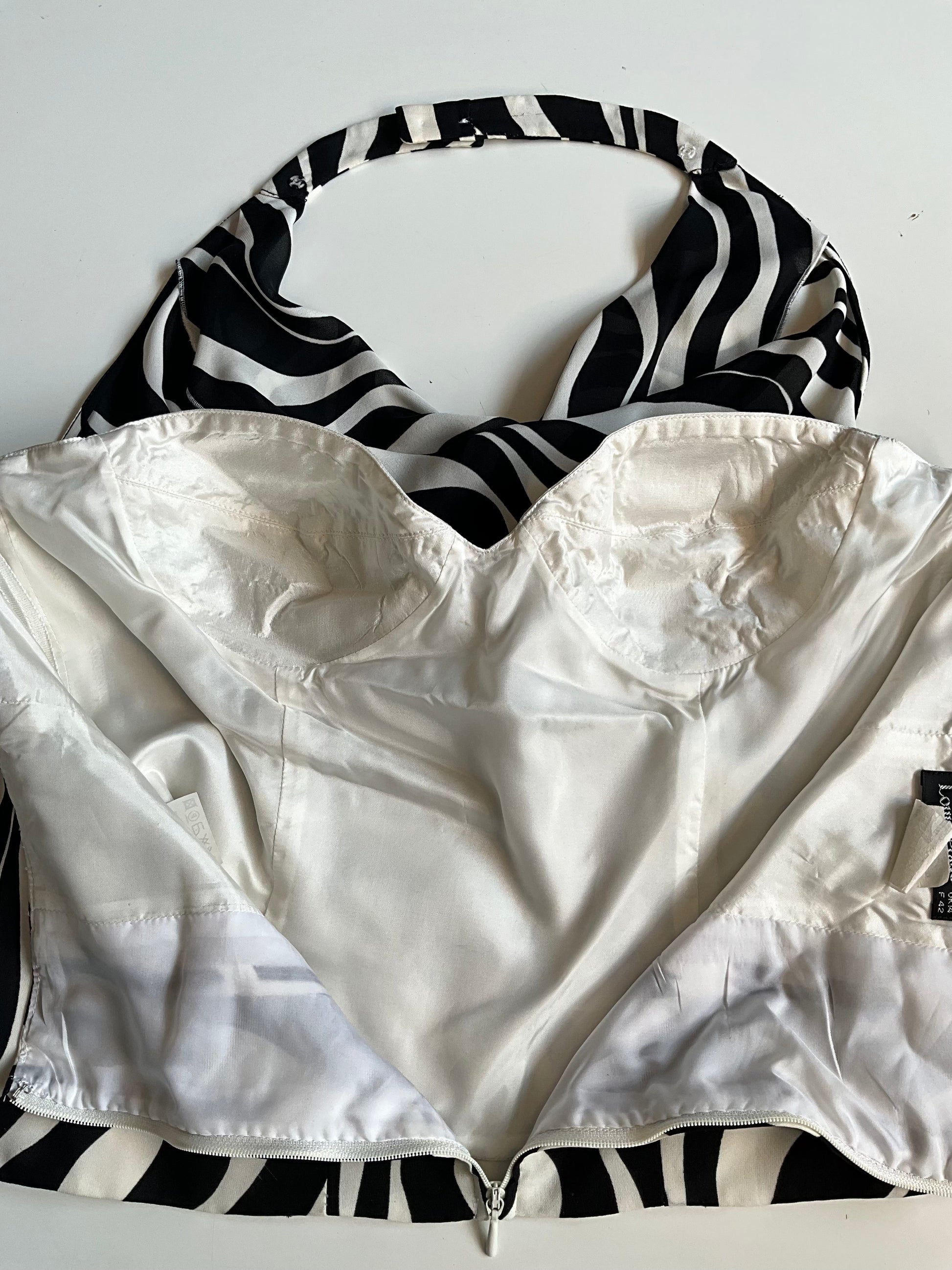 Vintage 1990s Louis Féraud Black and White Wave Print Skirt and Halter Top Set, XL