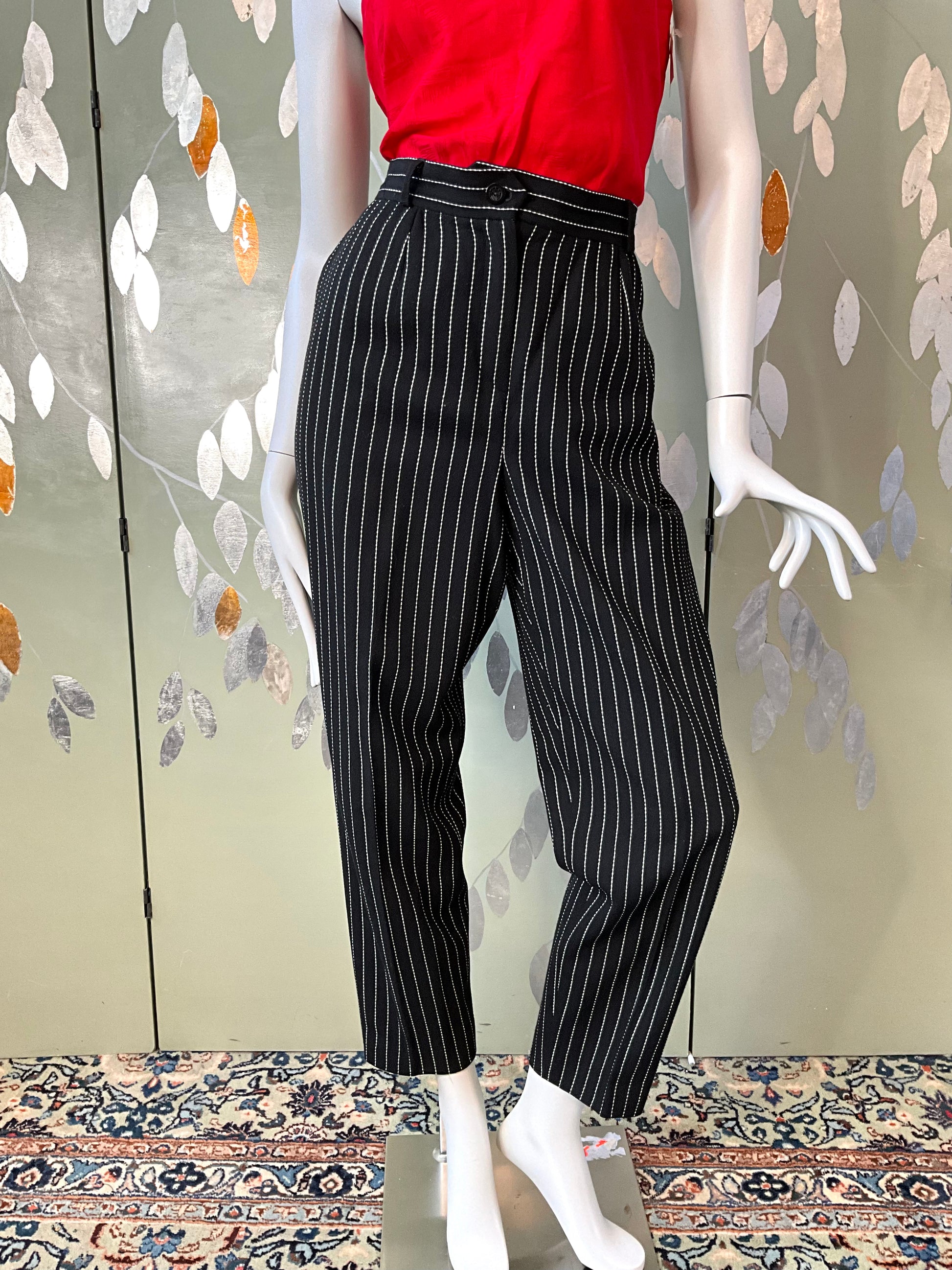 Vintage 1990s Louis Féraud Black Pinstripe Wool Pant Suit, Large 