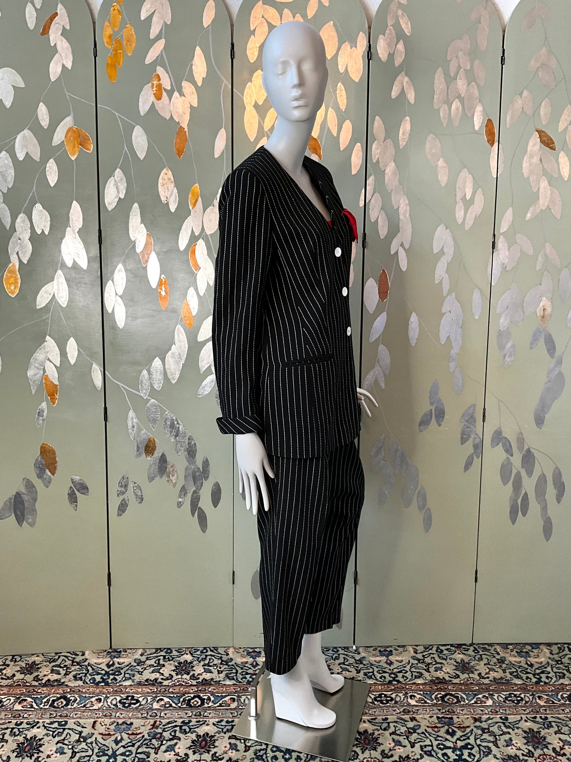 Vintage 1990s Louis Féraud Black Pinstripe Wool Pant Suit, Large 