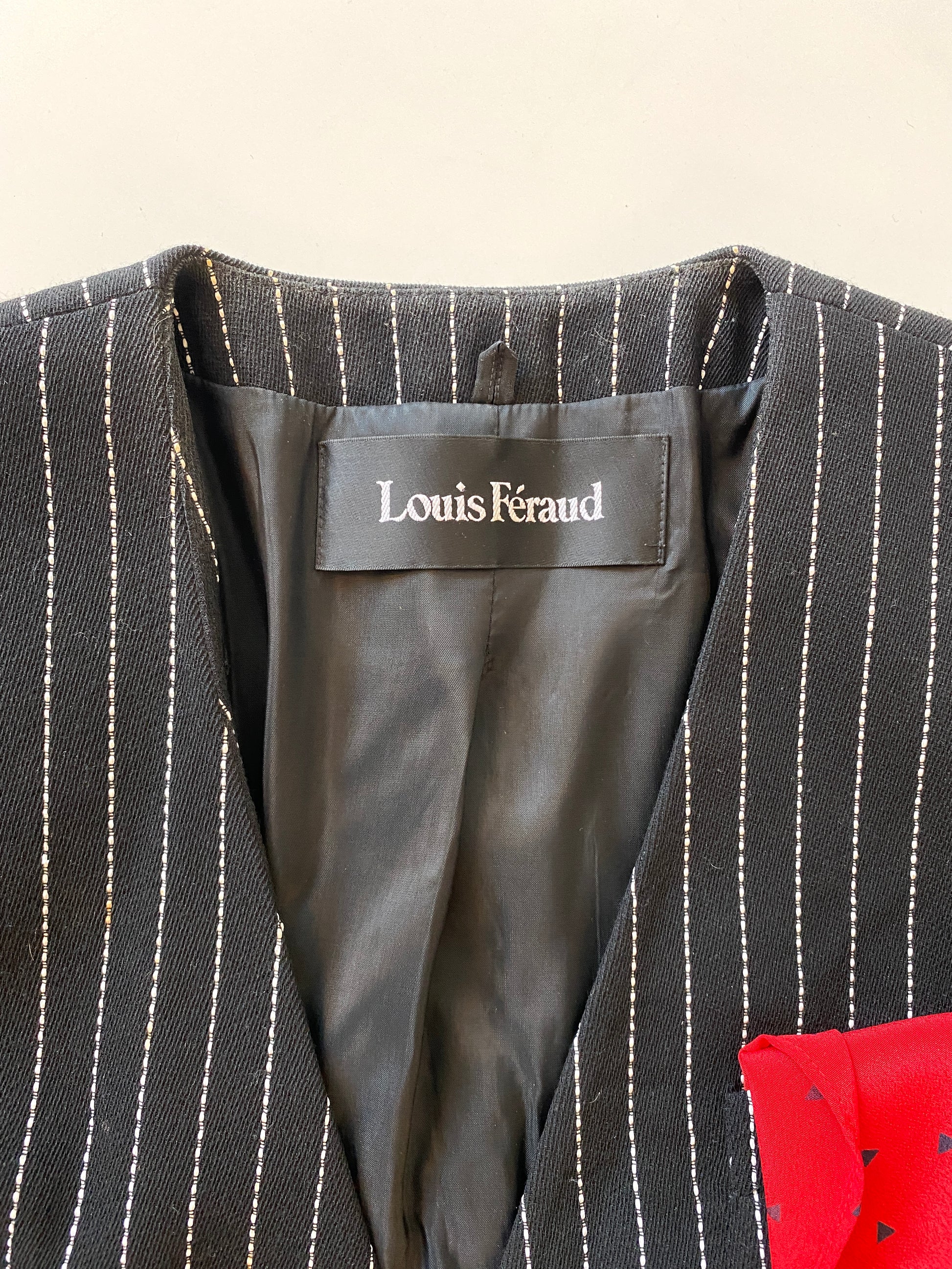 Vintage 1990s Louis Féraud Black Pinstripe Wool Pant Suit, Large 