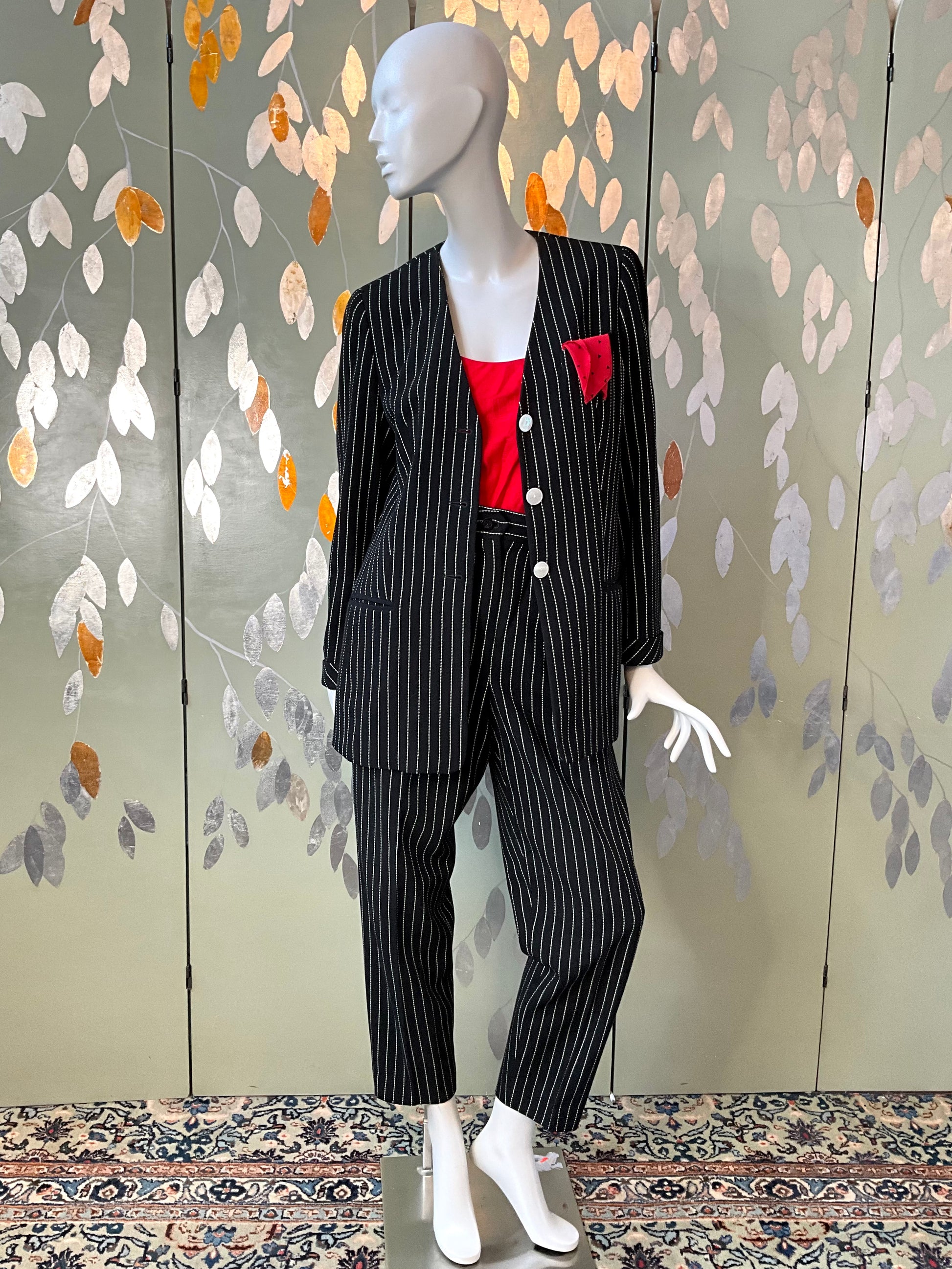 Vintage 1990s Louis Féraud Black Pinstripe Wool Pant Suit, Large 