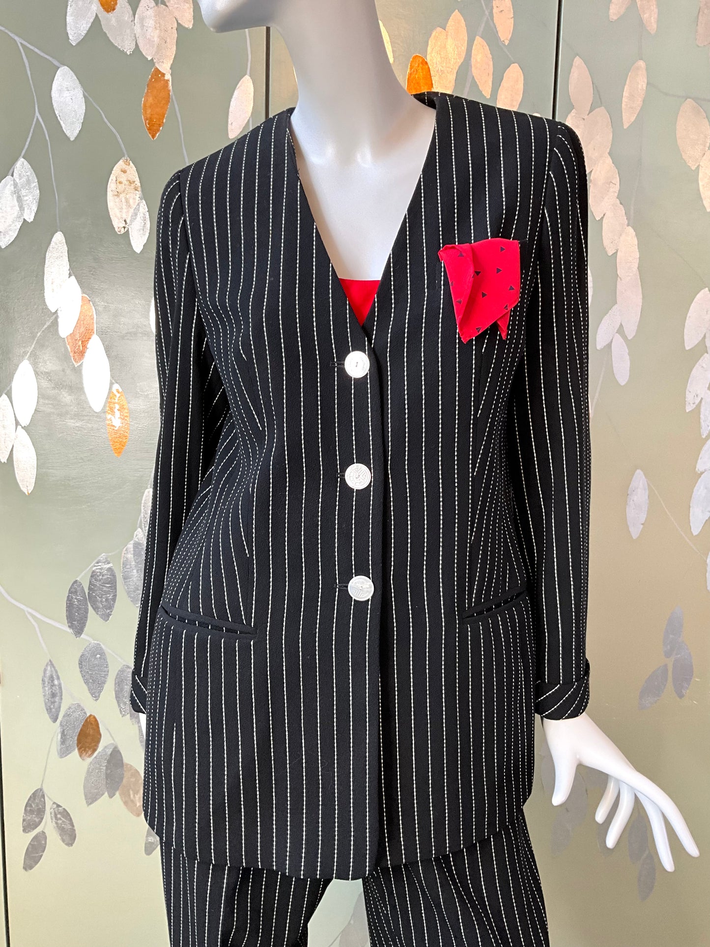 Vintage 1990s Louis Féraud Black Pinstripe Wool Pant Suit, Large 