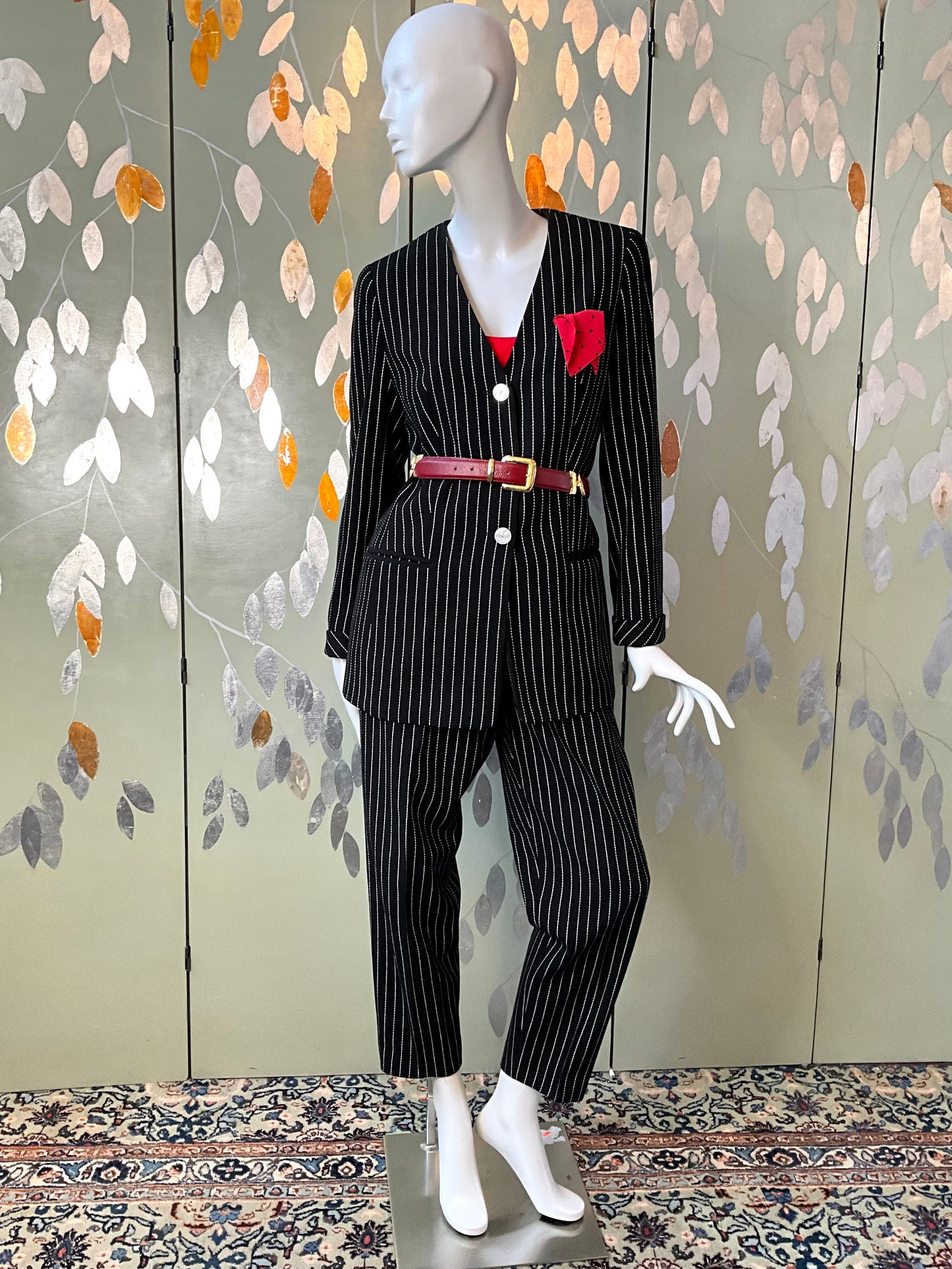 Vintage 1990s Louis Féraud Black Pinstripe Wool Pant Suit, Large 