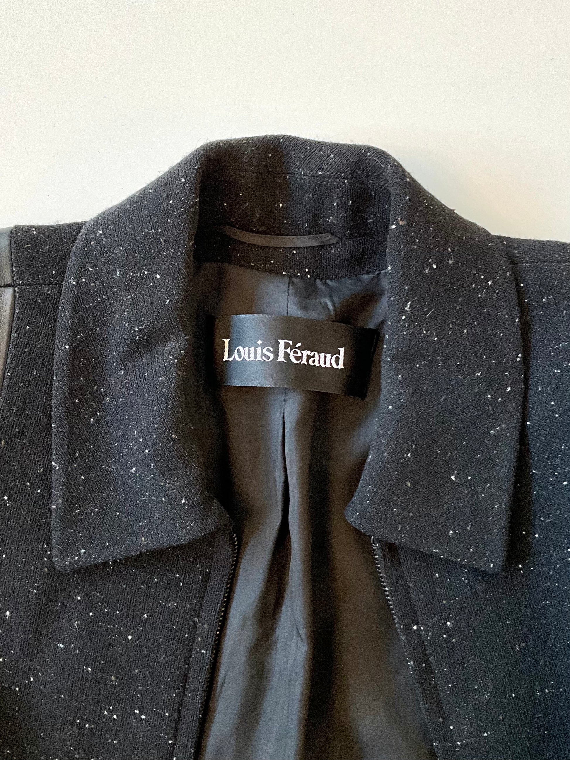 Vintage 1990s Louis Féraud Black Flecked Wool Skirt Suit, Leather Trim, Medium 