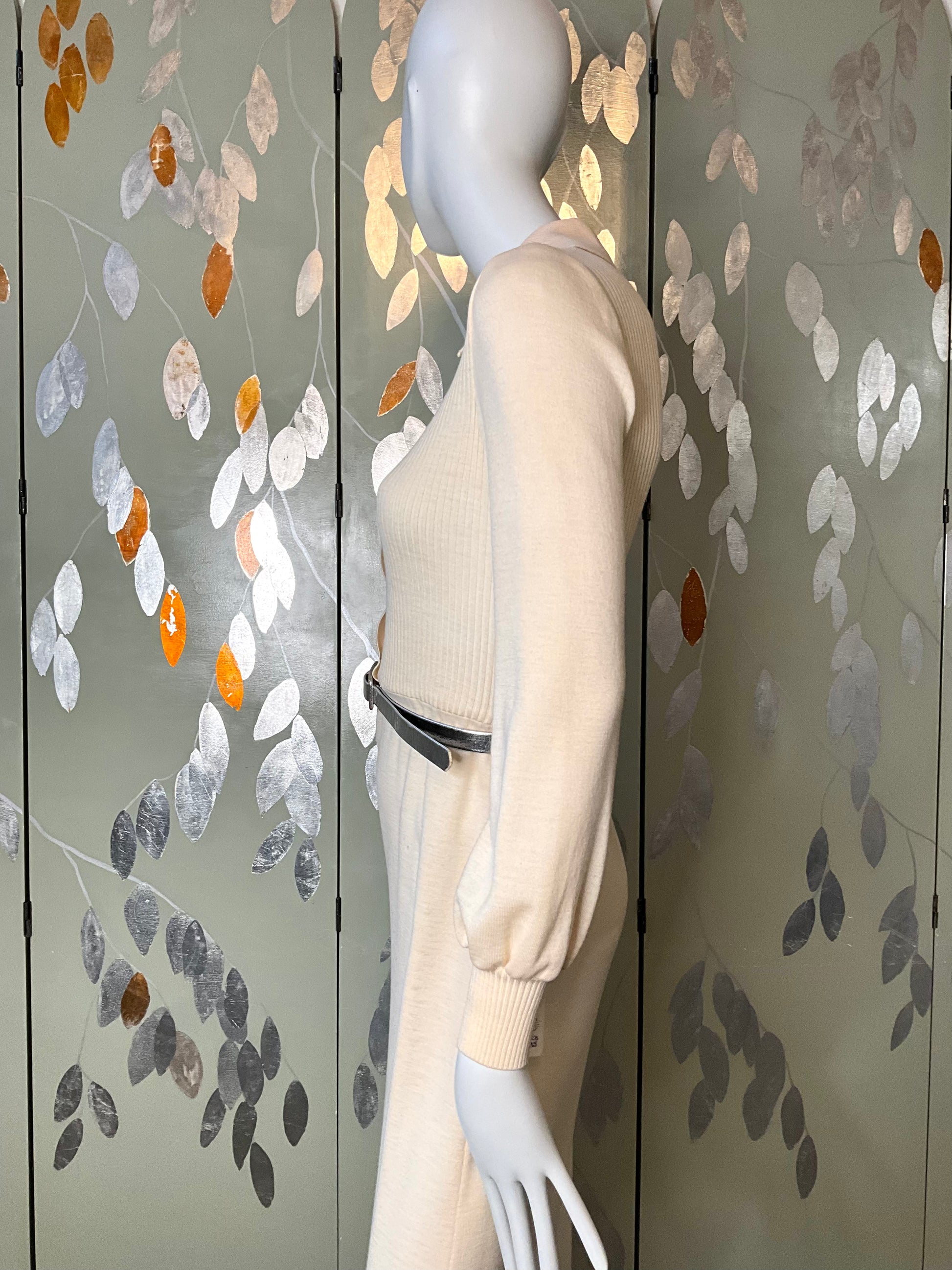 Vintage 1970s Malcolm Charles Cream Wool Long Sleeve Maxi Dress, S/M