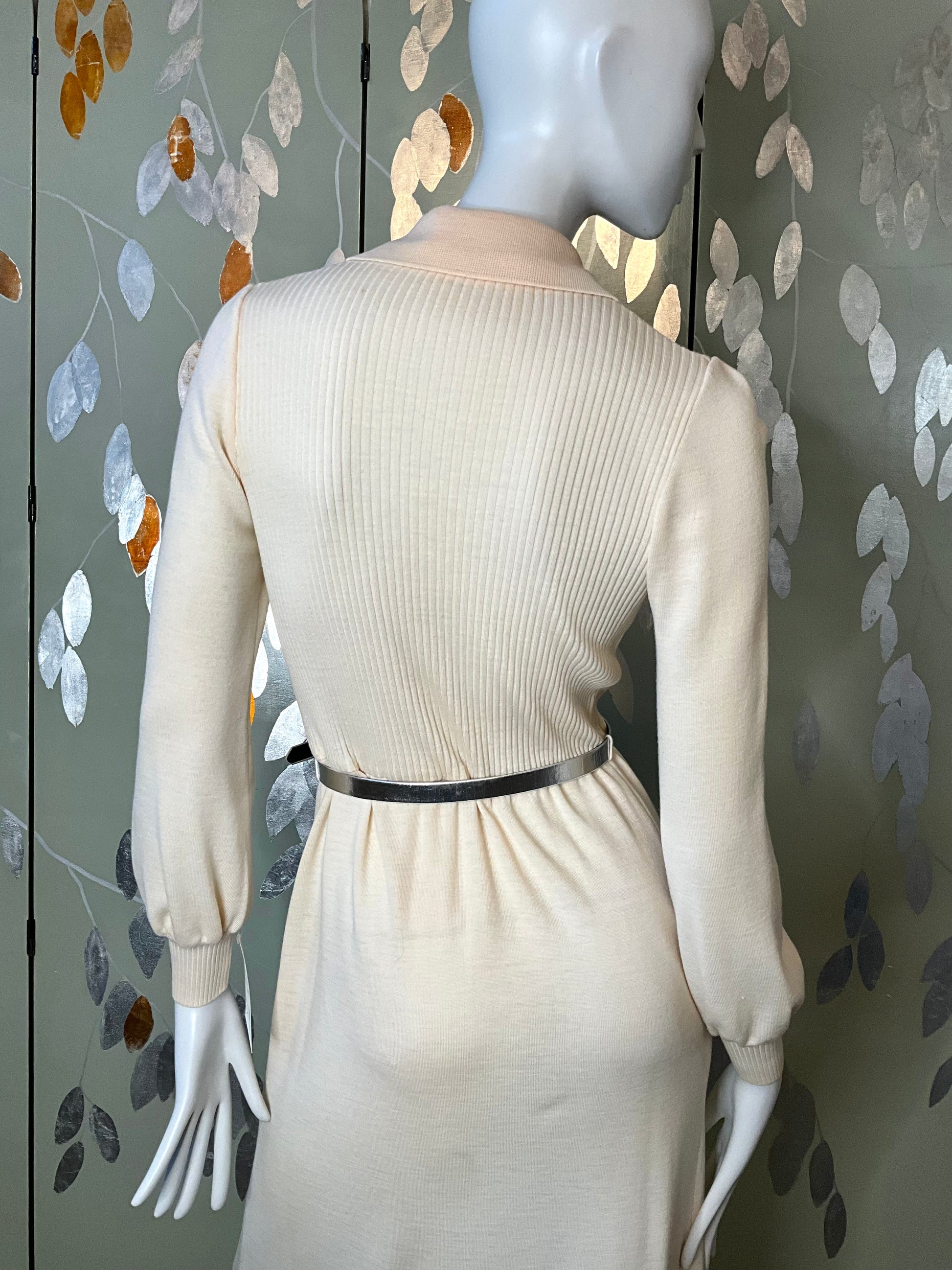 Vintage 1970s Malcolm Charles Cream Wool Long Sleeve Maxi Dress, S/M