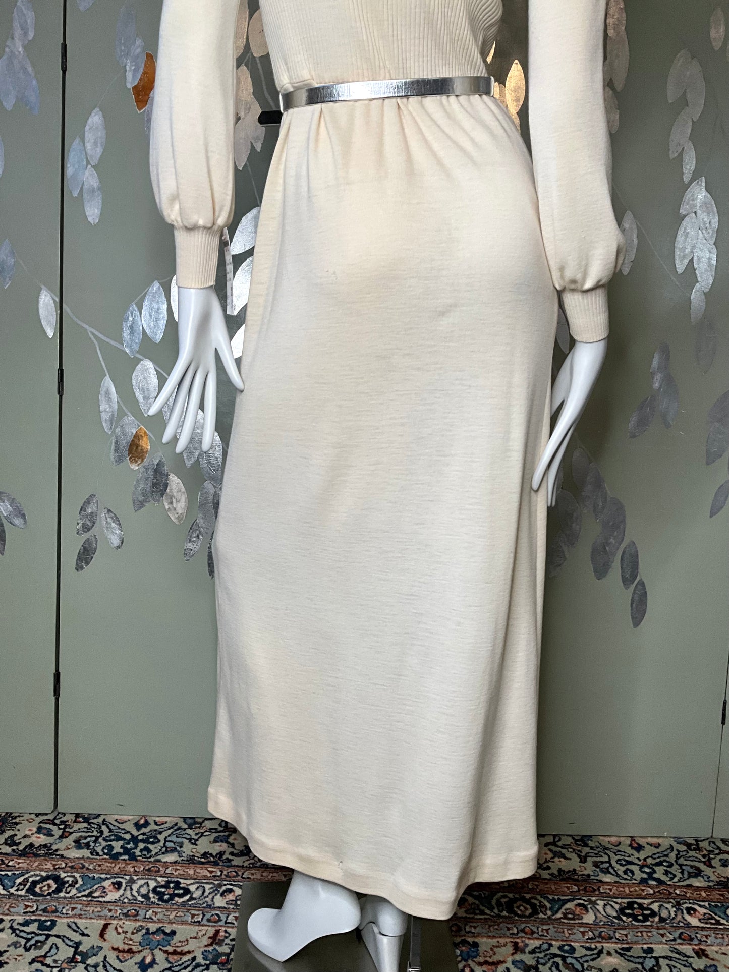 Vintage 1970s Malcolm Charles Cream Wool Long Sleeve Maxi Dress, S/M