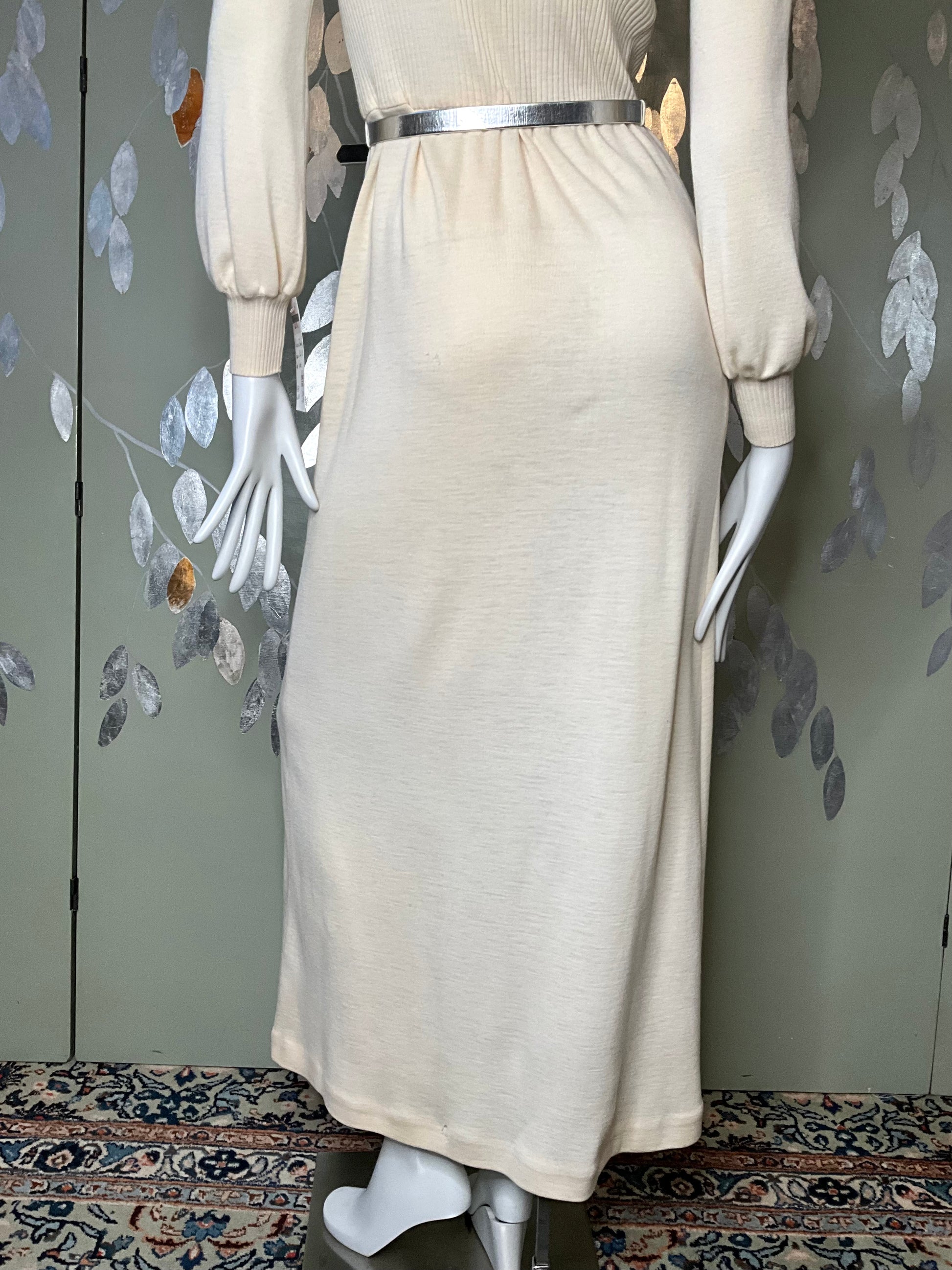 Vintage 1970s Malcolm Charles Cream Wool Long Sleeve Maxi Dress, S/M
