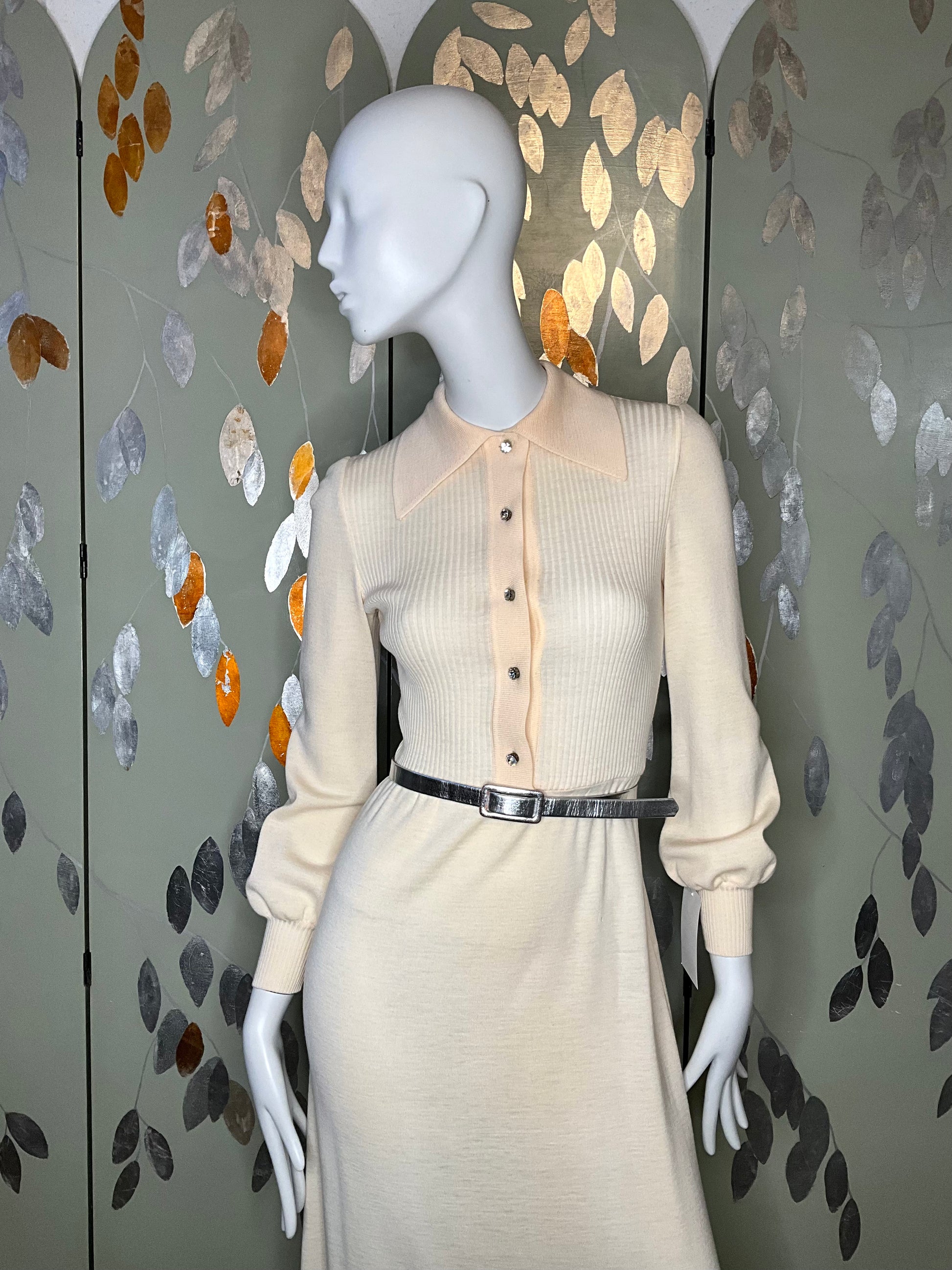 Vintage 1970s Malcolm Charles Cream Wool Long Sleeve Maxi Dress, S/M