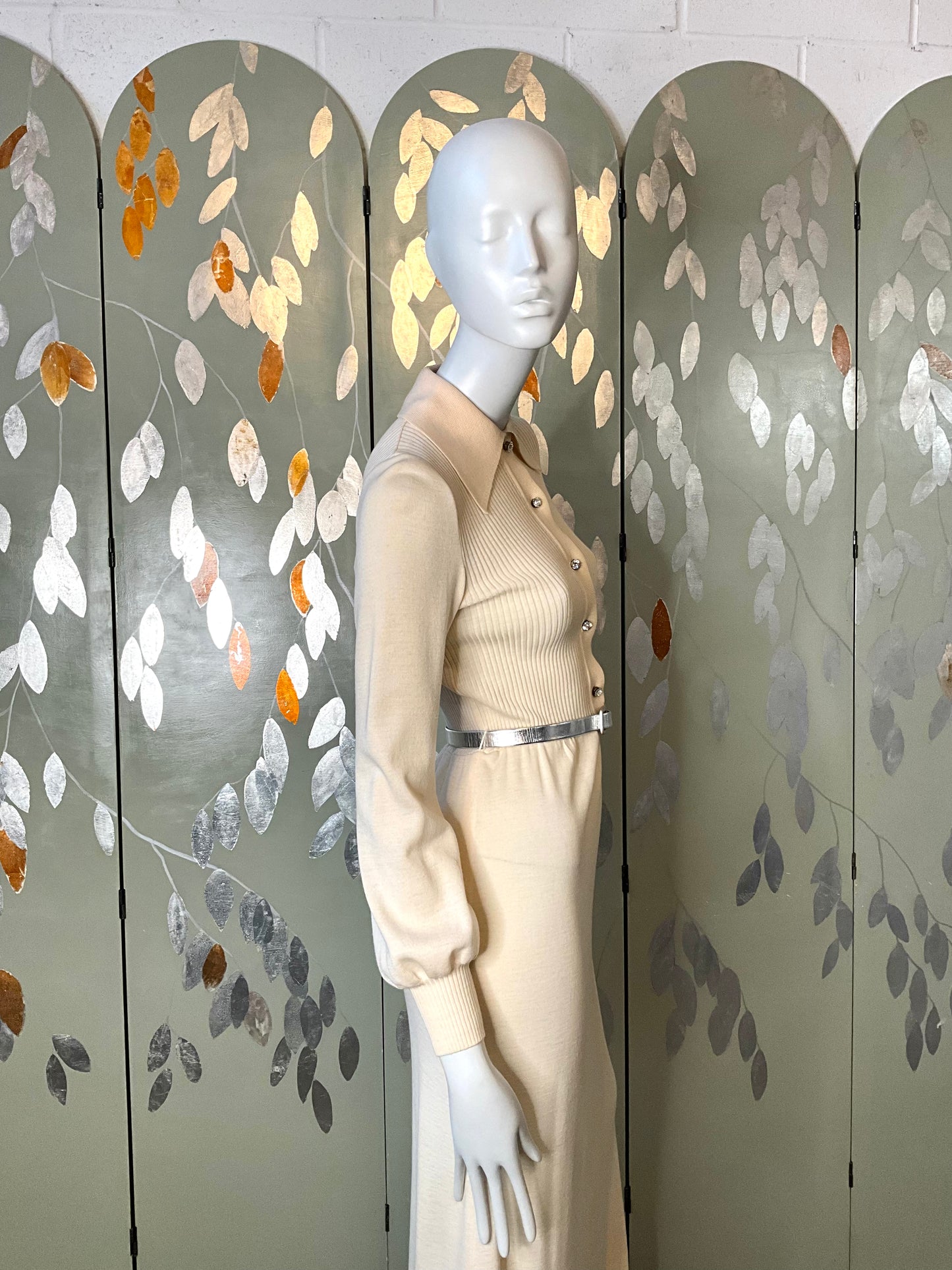 Vintage 1970s Malcolm Charles Cream Wool Long Sleeve Maxi Dress, S/M