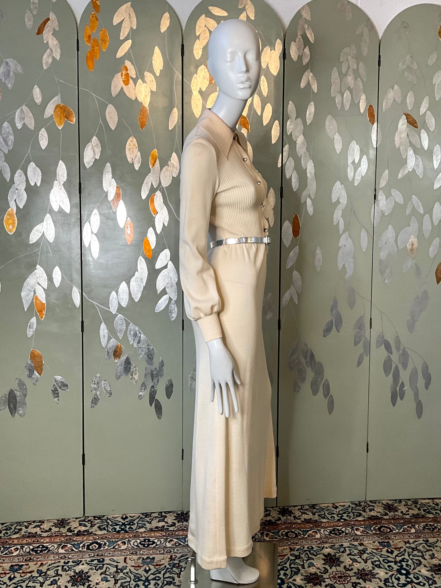 Vintage 1970s Malcolm Charles Cream Wool Long Sleeve Maxi Dress, S/M