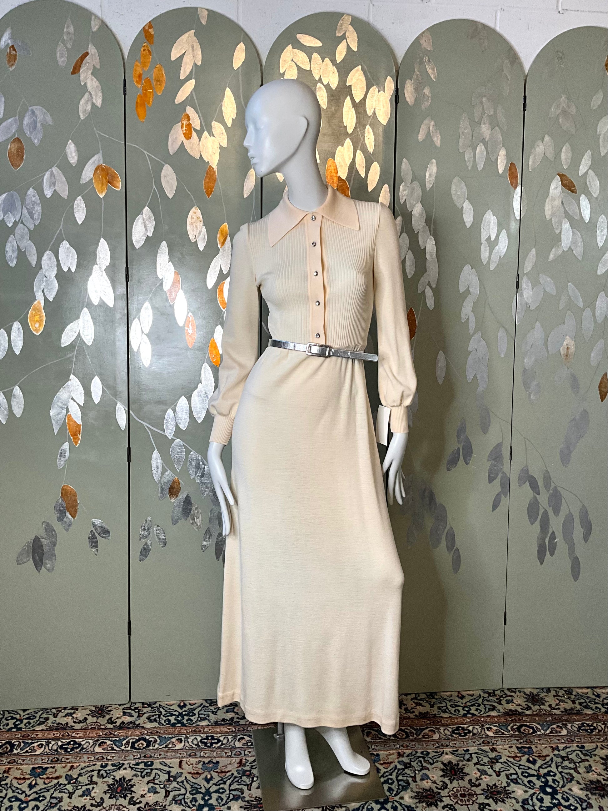 Vintage 1970s Malcolm Charles Cream Wool Long Sleeve Maxi Dress, S/M