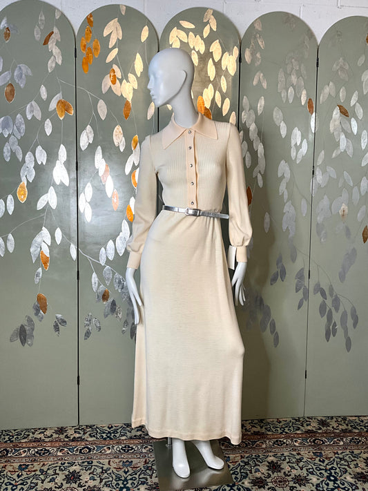 Vintage 1970s Malcolm Charles Cream Wool Long Sleeve Maxi Dress, S/M