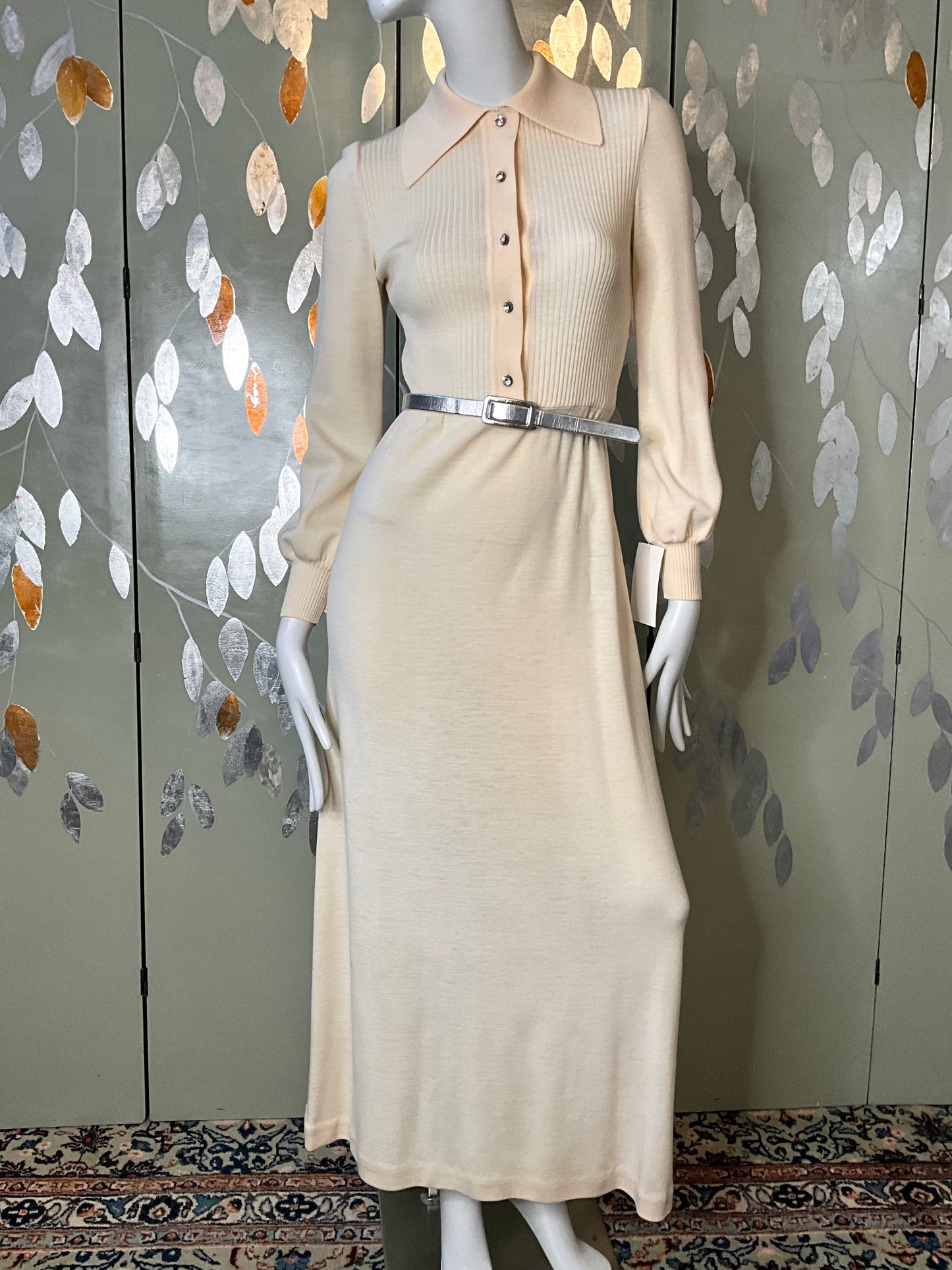 Vintage 1970s Malcolm Charles Cream Wool Long Sleeve Maxi Dress, S/M