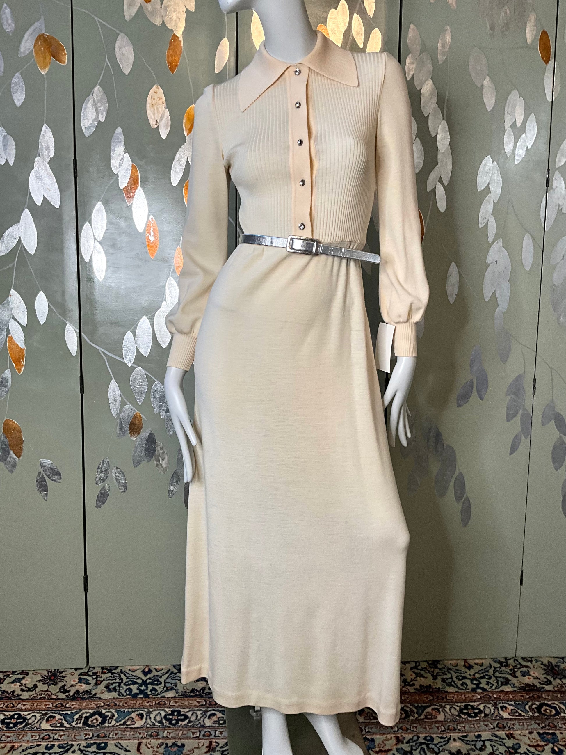 Vintage 1970s Malcolm Charles Cream Wool Long Sleeve Maxi Dress, S/M