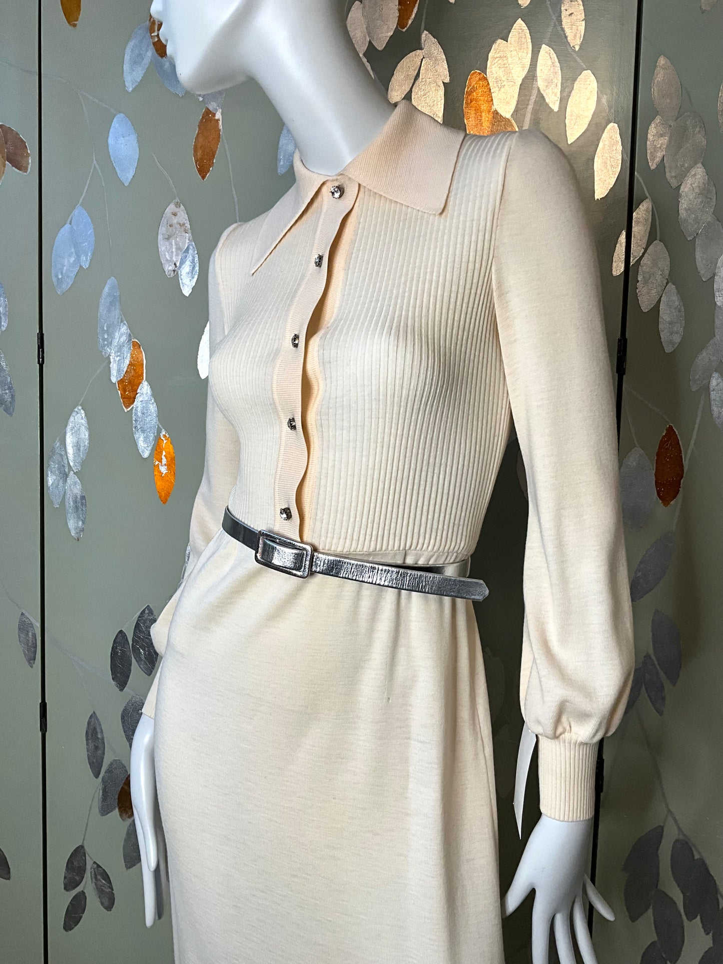 Vintage 1970s Malcolm Charles Cream Wool Long Sleeve Maxi Dress, S/M