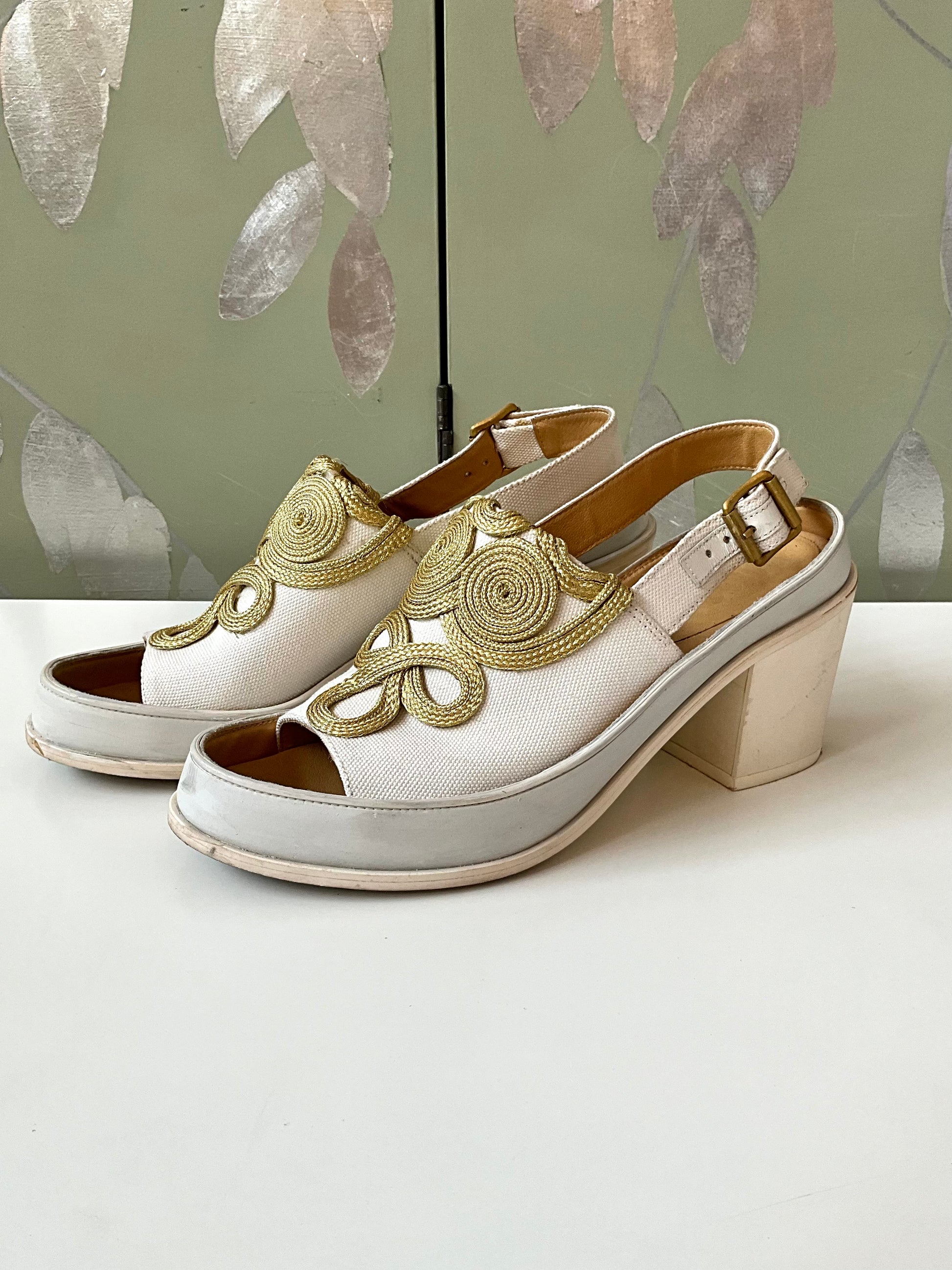 Maison Martin Margiela MM6 White Chunky Slingback Sandals with Gold Br Ian Drummond Vintage