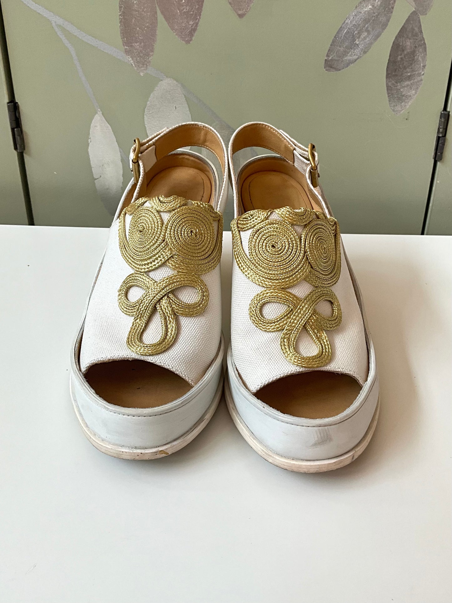 Maison Martin Margiela MM6 White Chunky Slingback Sandals with Gold Braid, Size 8