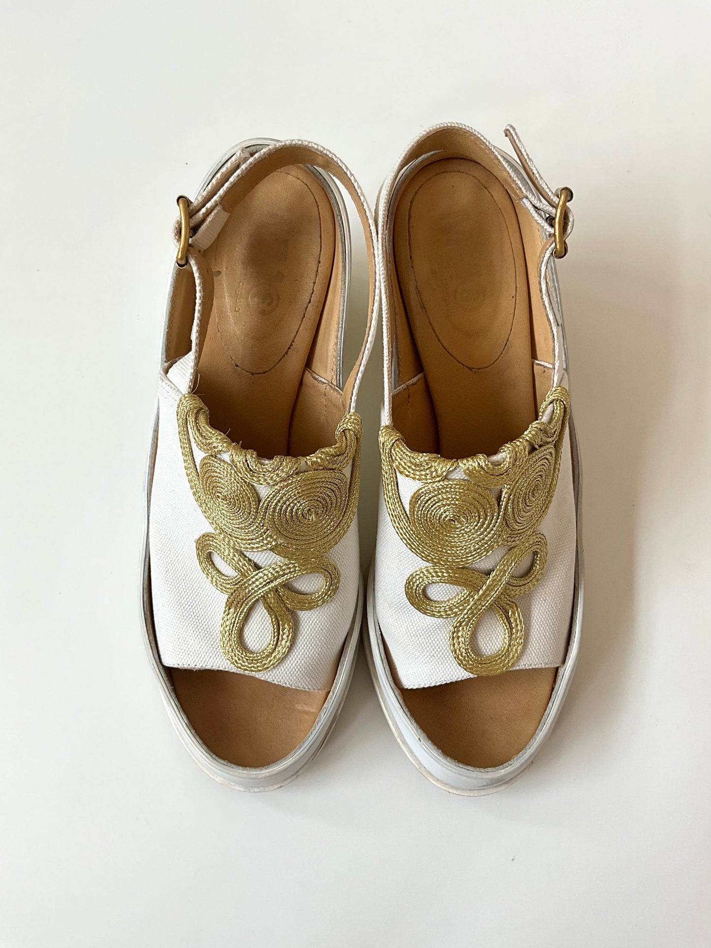 Maison Martin Margiela MM6 White Chunky Slingback Sandals with Gold Braid, Size 8