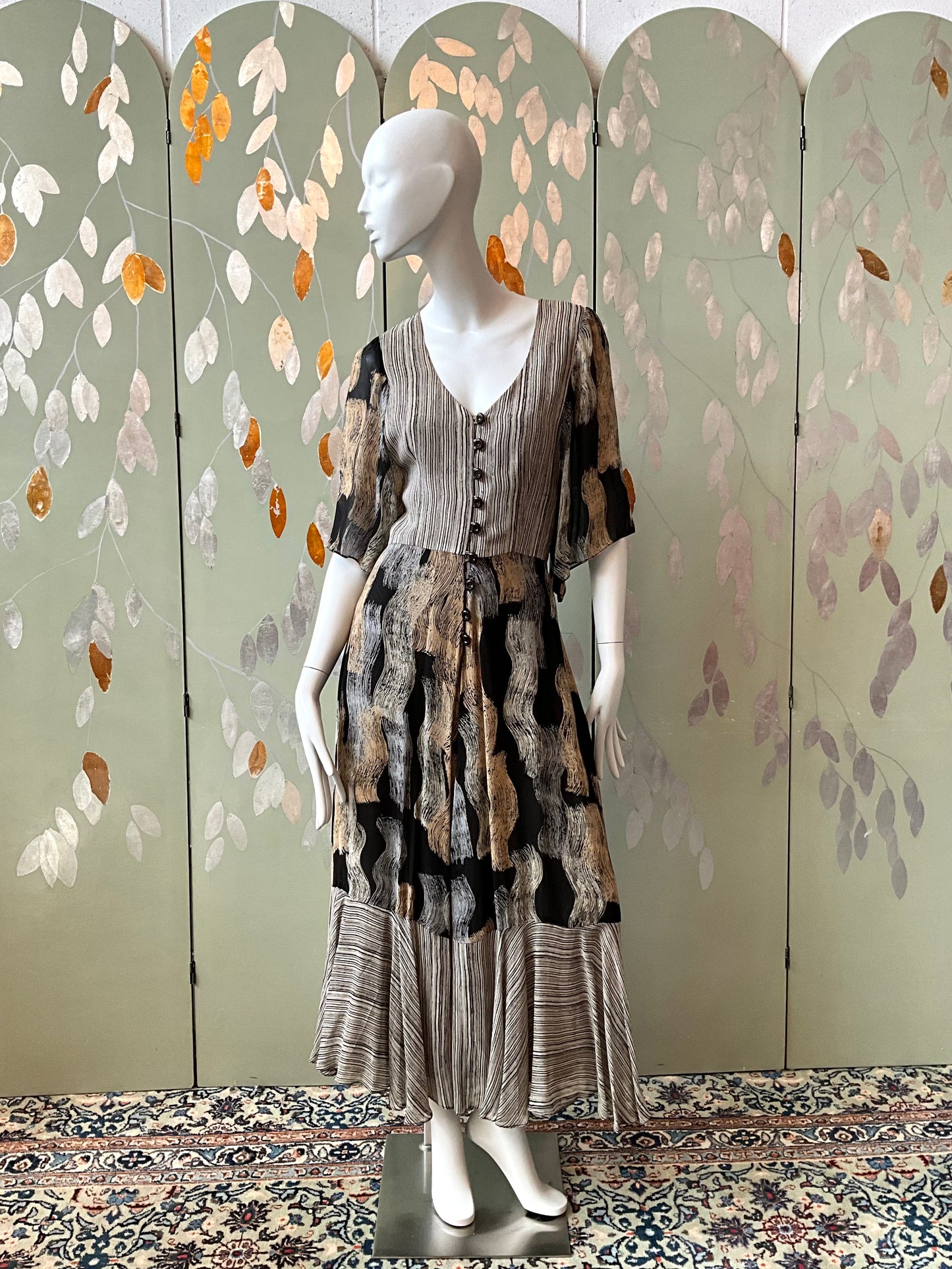 Vintage 1970s Michel Pelta Black Beige Print Chiffon Maxi Dress, Small 