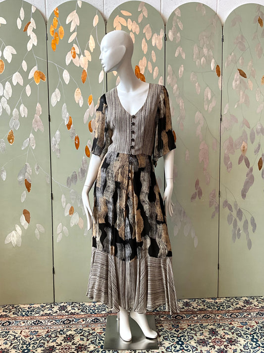 Vintage 1970s Michel Pelta Black Beige Print Chiffon Maxi Dress, Small 