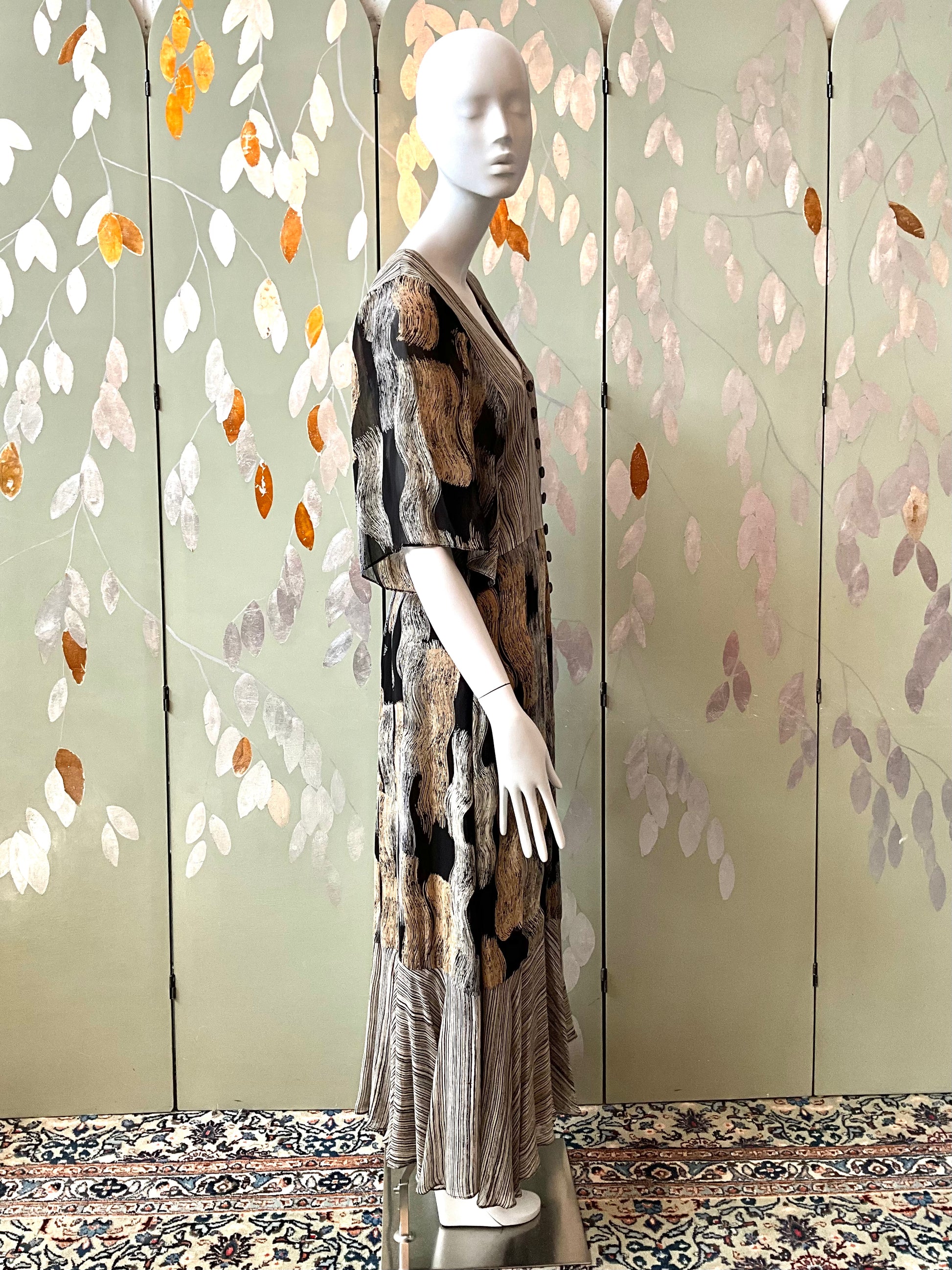 Vintage 1970s Michel Pelta Black Beige Print Chiffon Maxi Dress, Small 