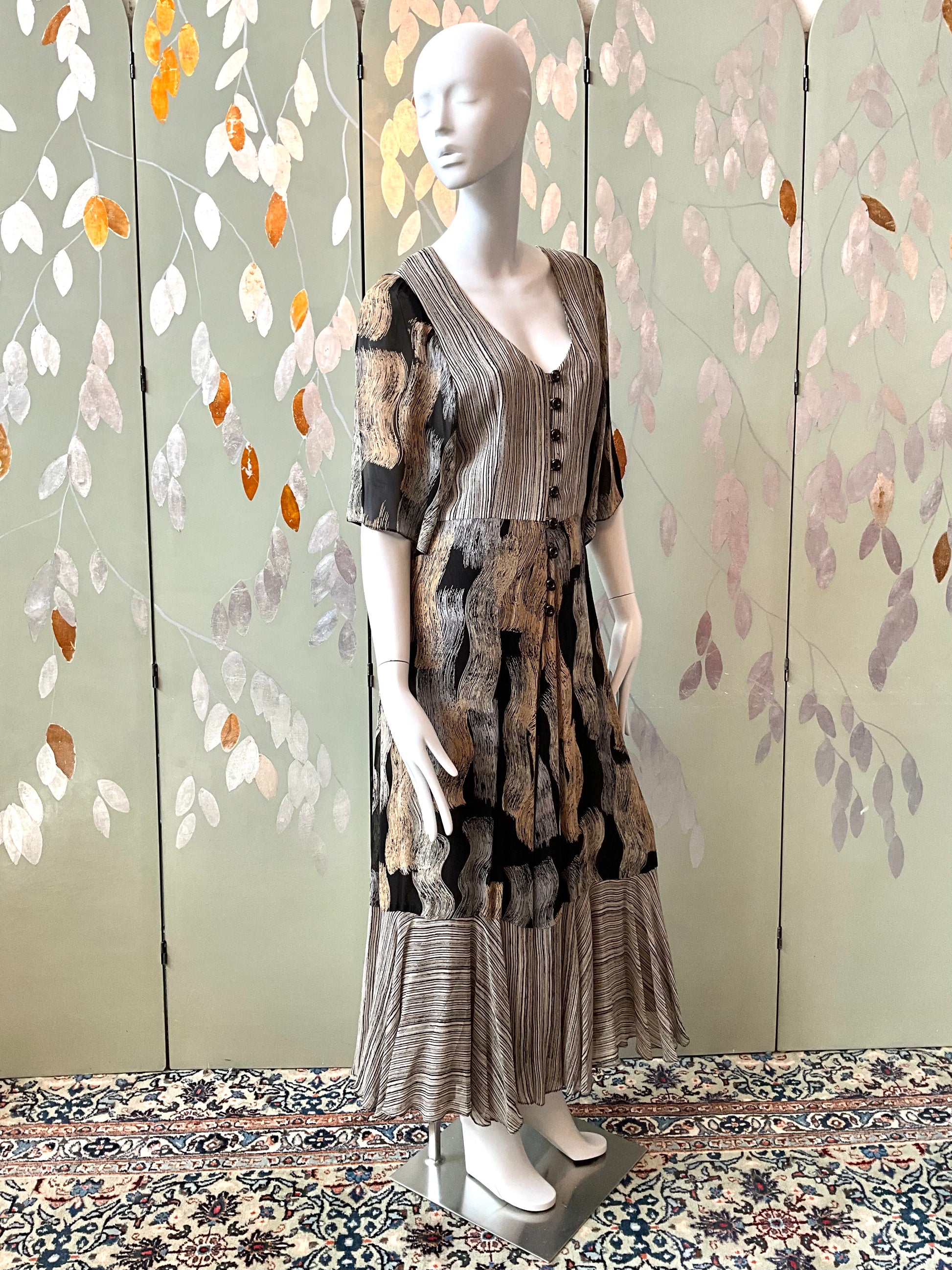 Vintage 1970s Michel Pelta Black Beige Print Chiffon Maxi Dress, Small 