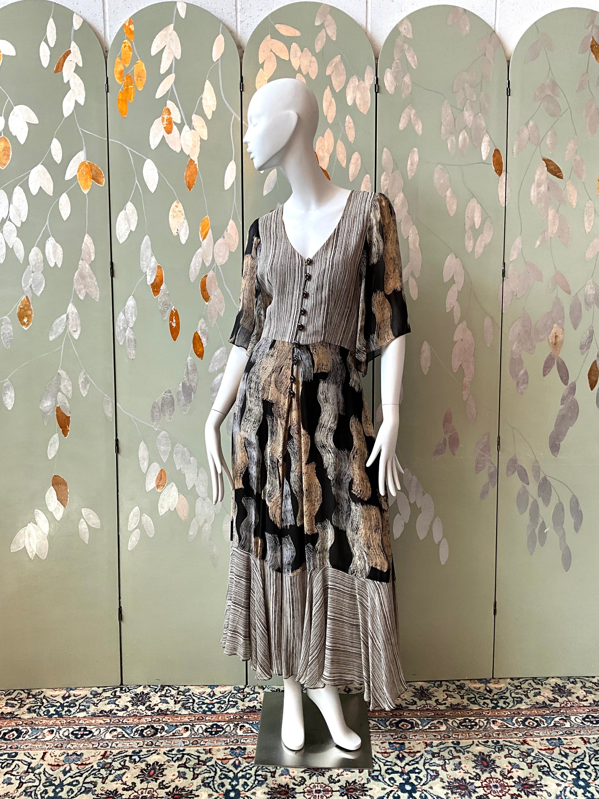 Vintage 1970s Michel Pelta Black Beige Print Chiffon Maxi Dress, Small 