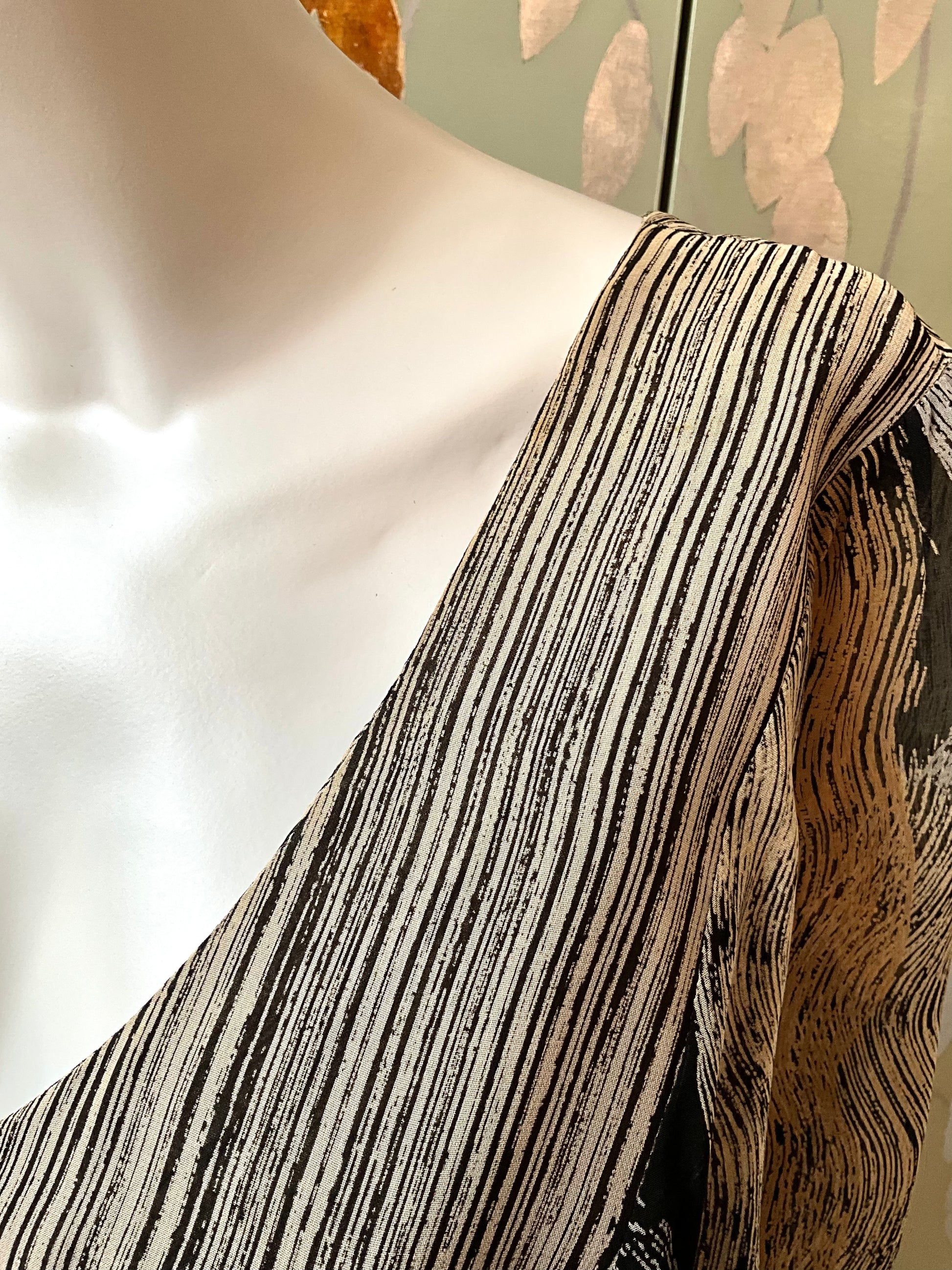 Vintage 1970s Michel Pelta Black Beige Print Chiffon Maxi Dress, Small 
