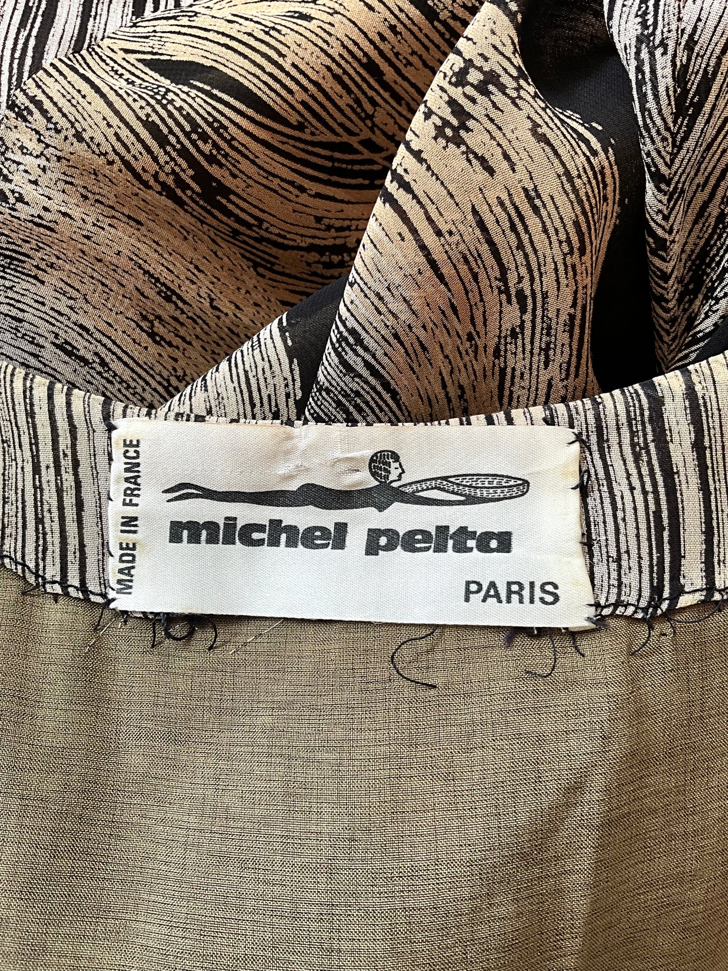 Vintage 1970s Michel Pelta Black Beige Print Chiffon Maxi Dress, Small 