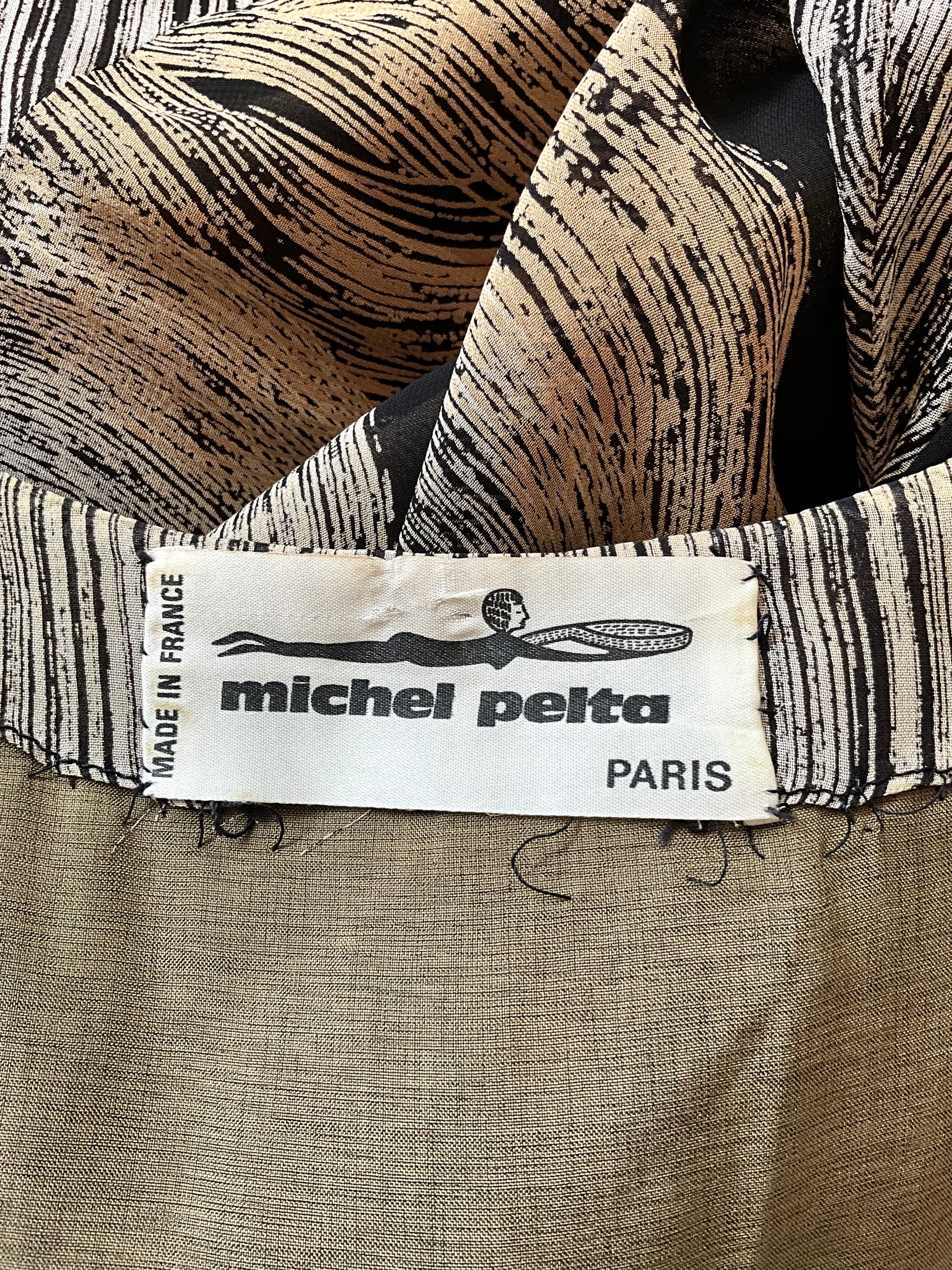 Vintage 1970s Michel Pelta Black Beige Print Chiffon Maxi Dress, Small 