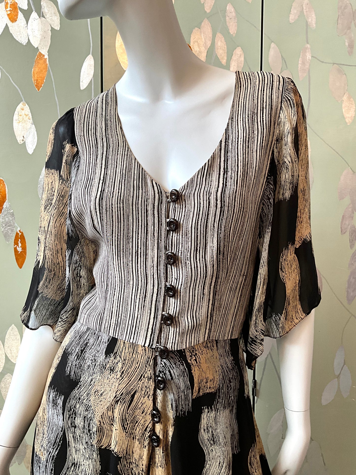 Vintage 1970s Michel Pelta Black Beige Print Chiffon Maxi Dress, Small 