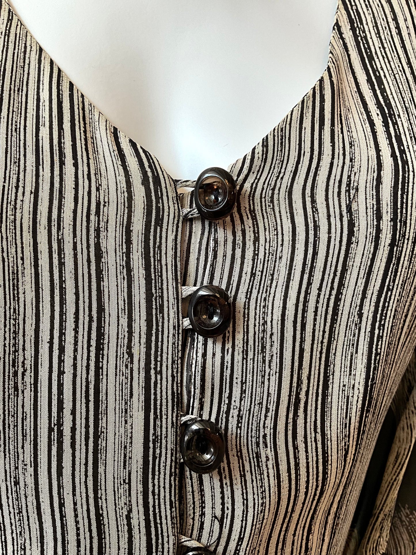 Vintage 1970s Michel Pelta Black Beige Print Chiffon Maxi Dress, Small 