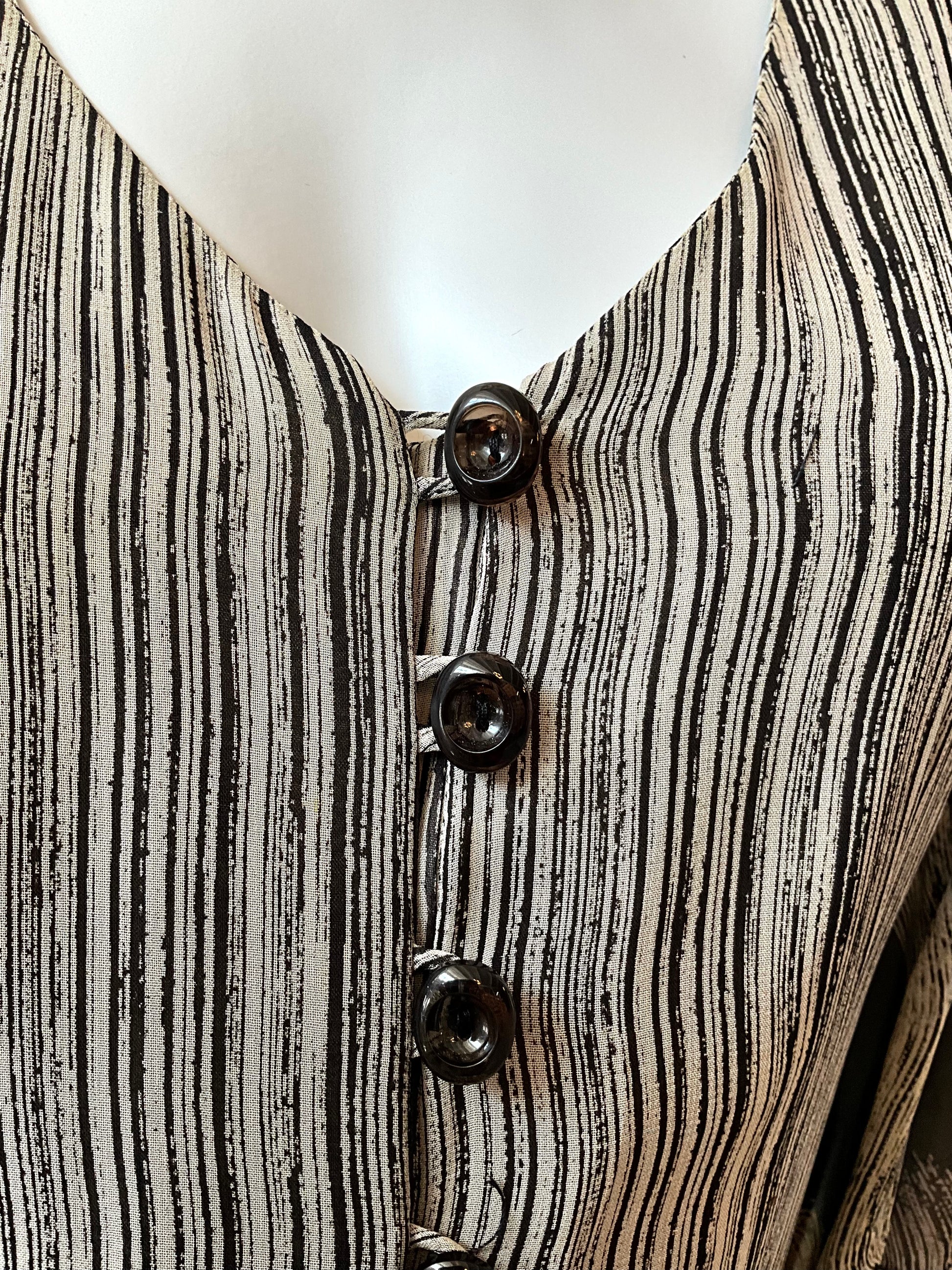 Vintage 1970s Michel Pelta Black Beige Print Chiffon Maxi Dress, Small 