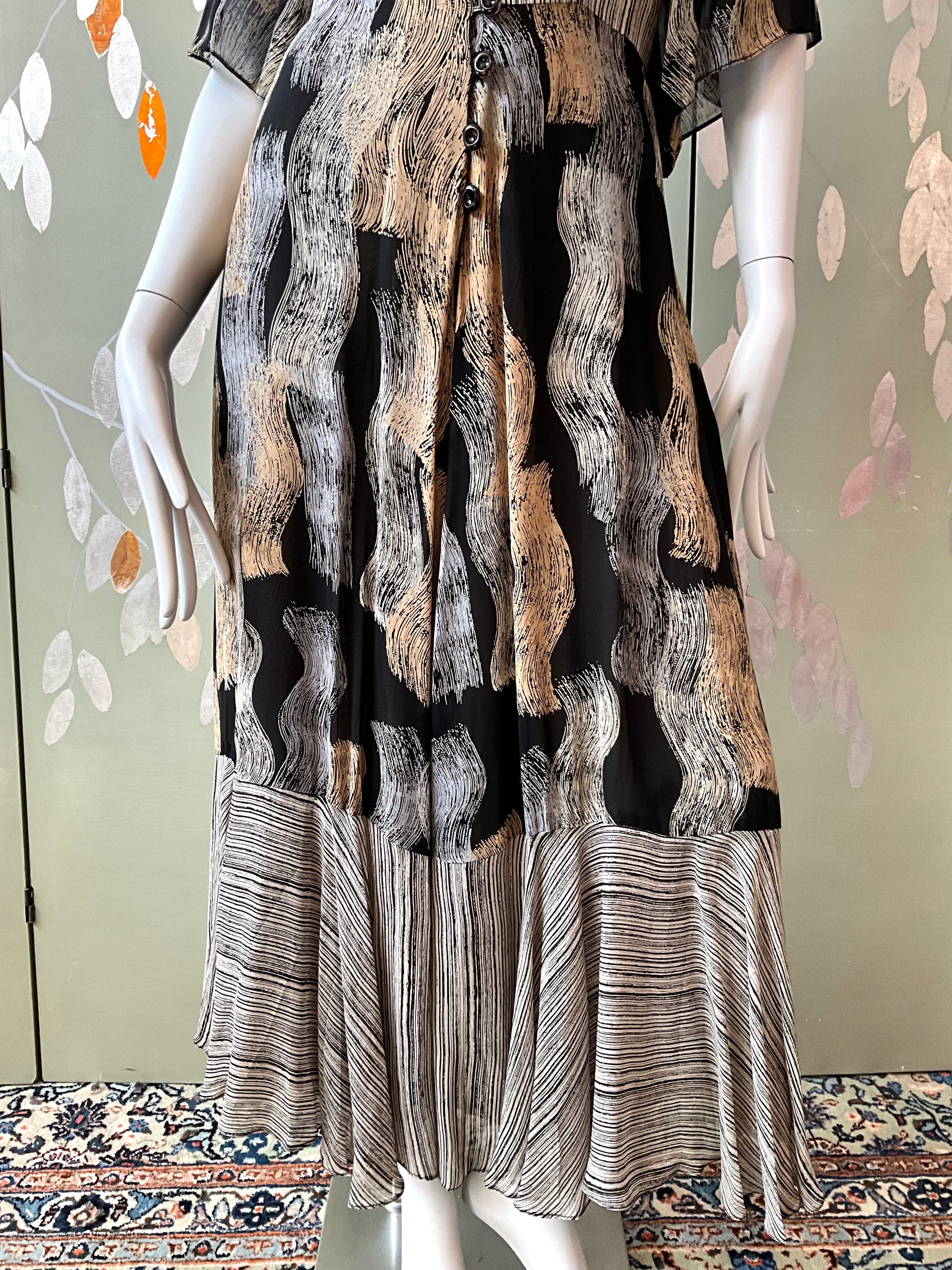 Vintage 1970s Michel Pelta Black Beige Print Chiffon Maxi Dress, Small 
