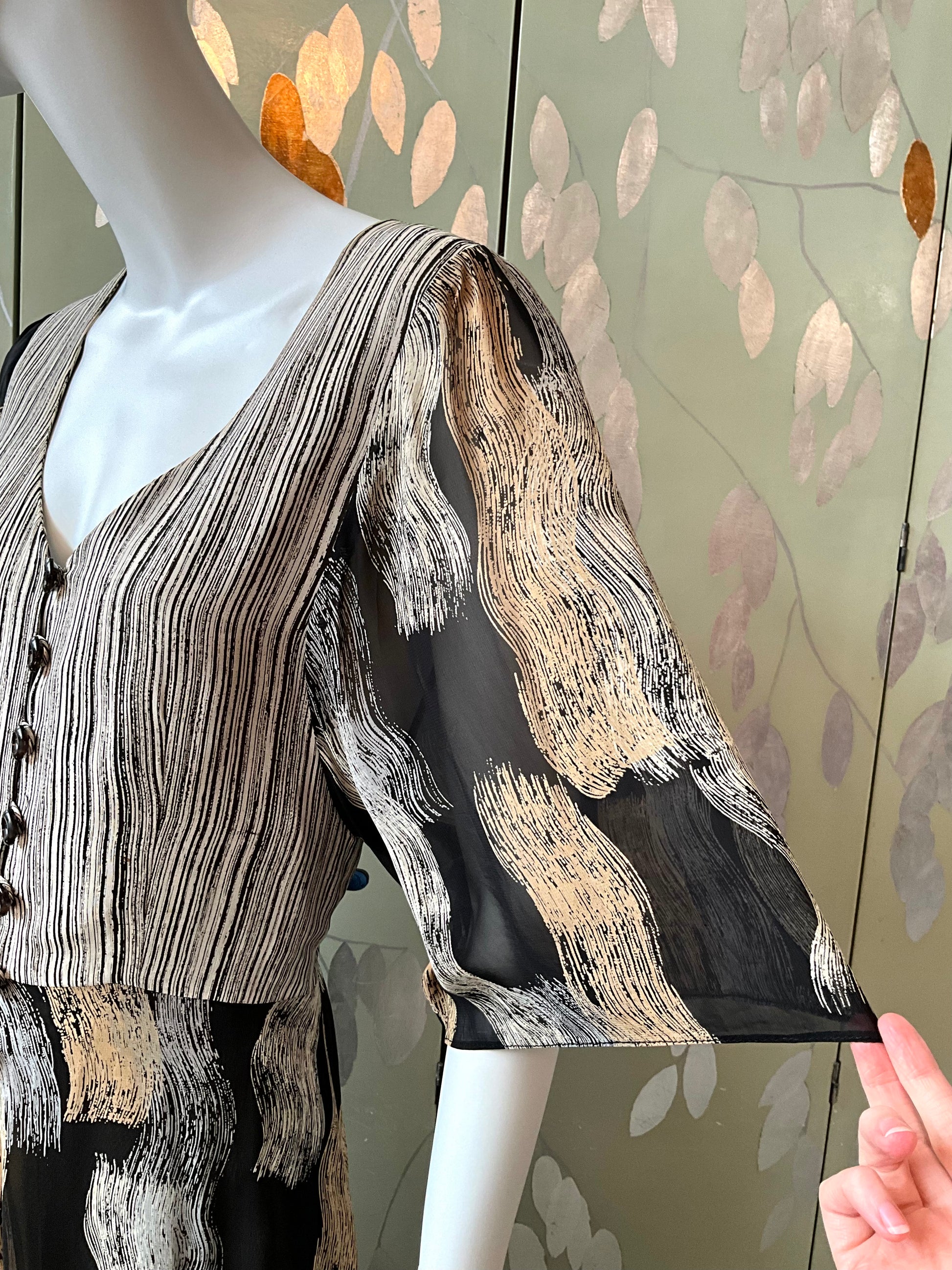 Vintage 1970s Michel Pelta Black Beige Print Chiffon Maxi Dress, Small 